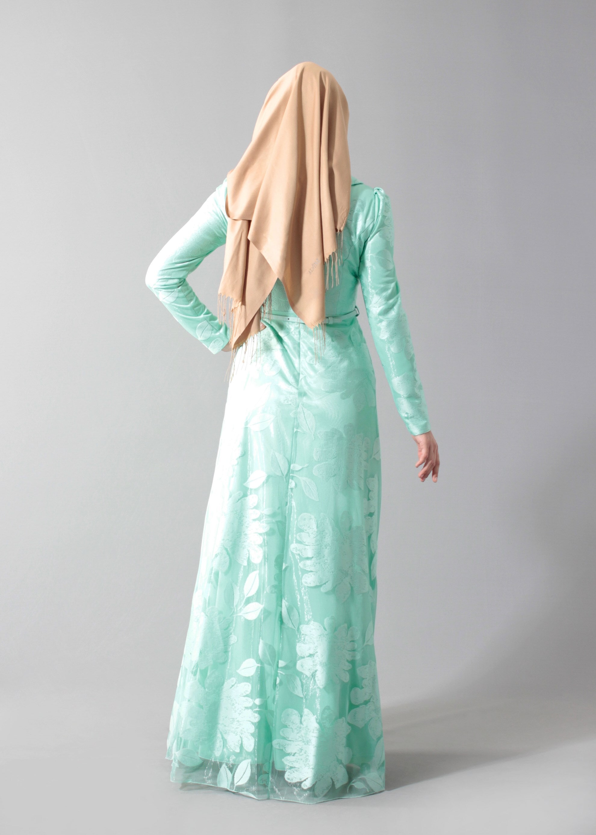 Tesettür giyim MAVİ BEBE YAKA TAŞ İŞLEMELİ ABİYE ELBİSE 5259