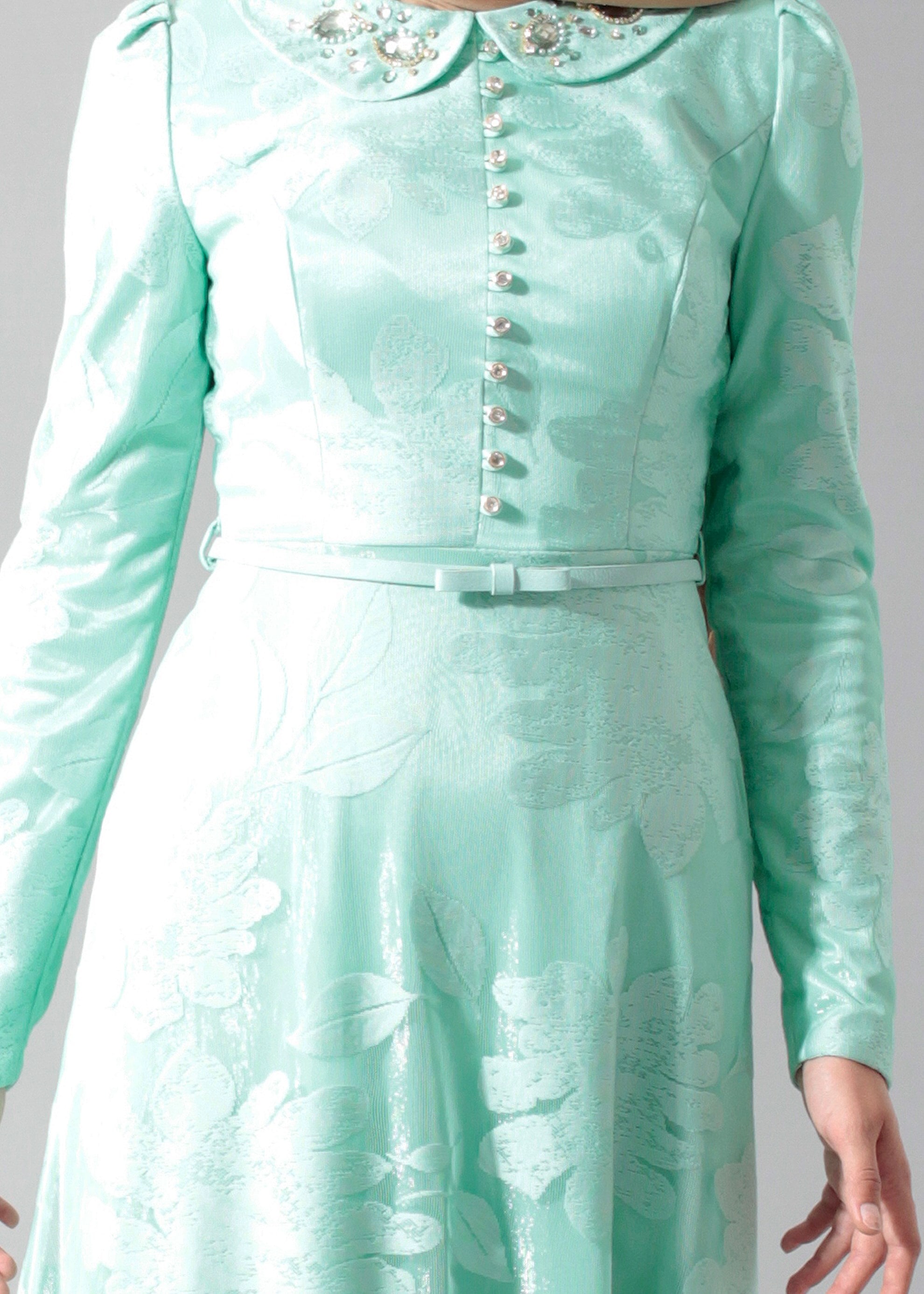 Tesettür giyim MAVİ BEBE YAKA TAŞ İŞLEMELİ ABİYE ELBİSE 5259