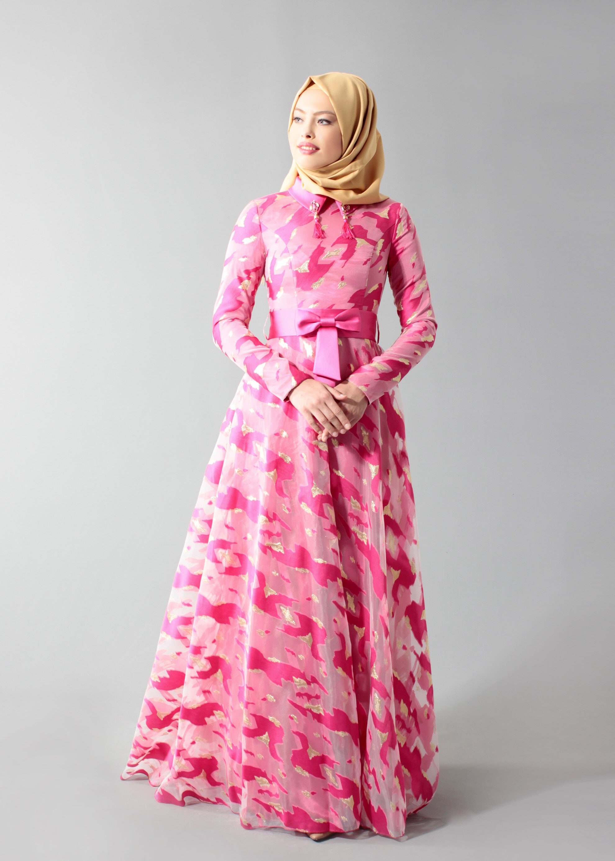 Tesettür giyim FUŞYA DESENLİ GÖMLEK YAKA ABİYE ELBİSE 5260
