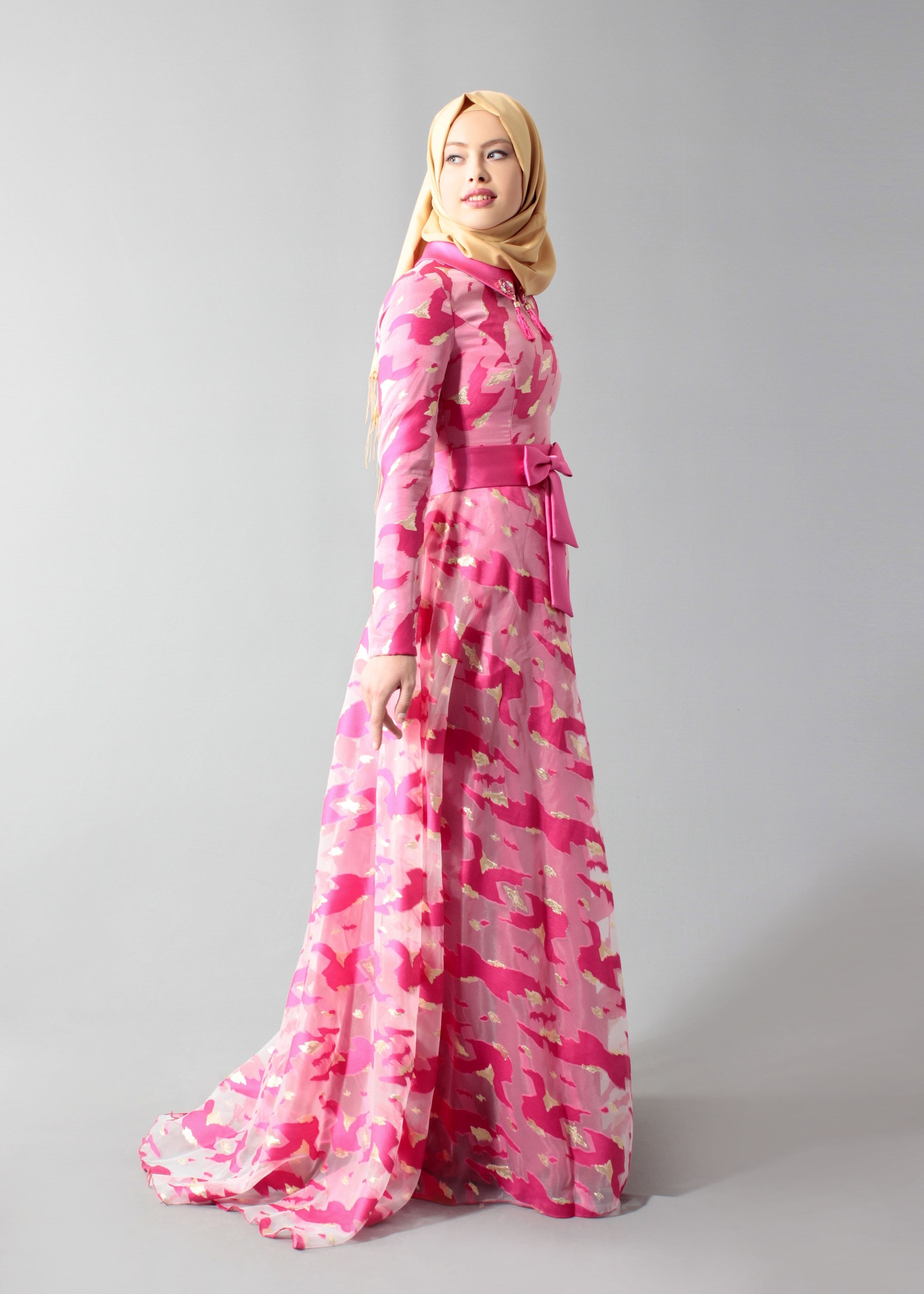Tesettür giyim FUŞYA DESENLİ GÖMLEK YAKA ABİYE ELBİSE 5260