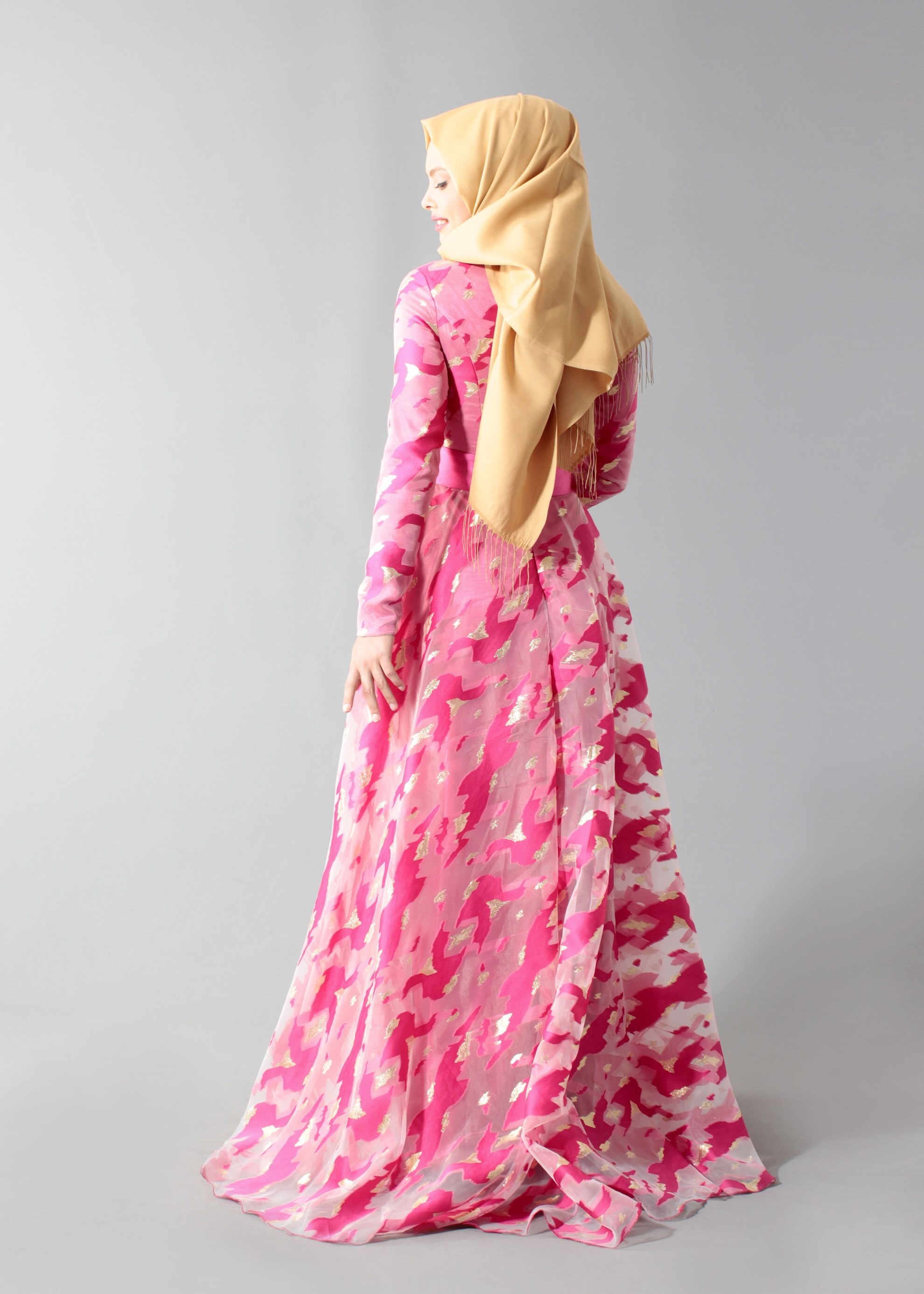 Tesettür giyim FUŞYA DESENLİ GÖMLEK YAKA ABİYE ELBİSE 5260