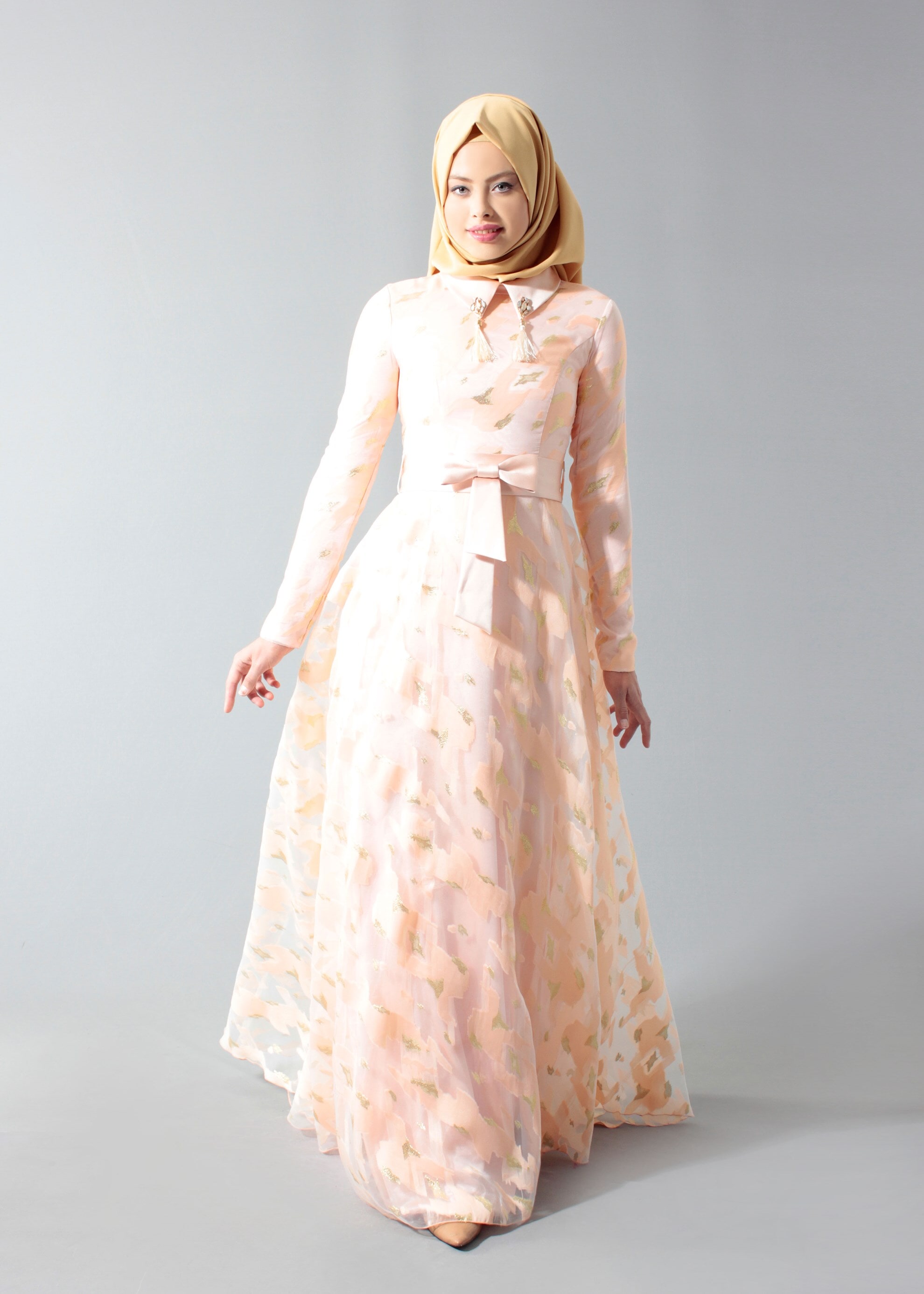 Tesettür giyim PUDRA DESENLİ GÖMLEK YAKA ABİYE ELBİSE 5260