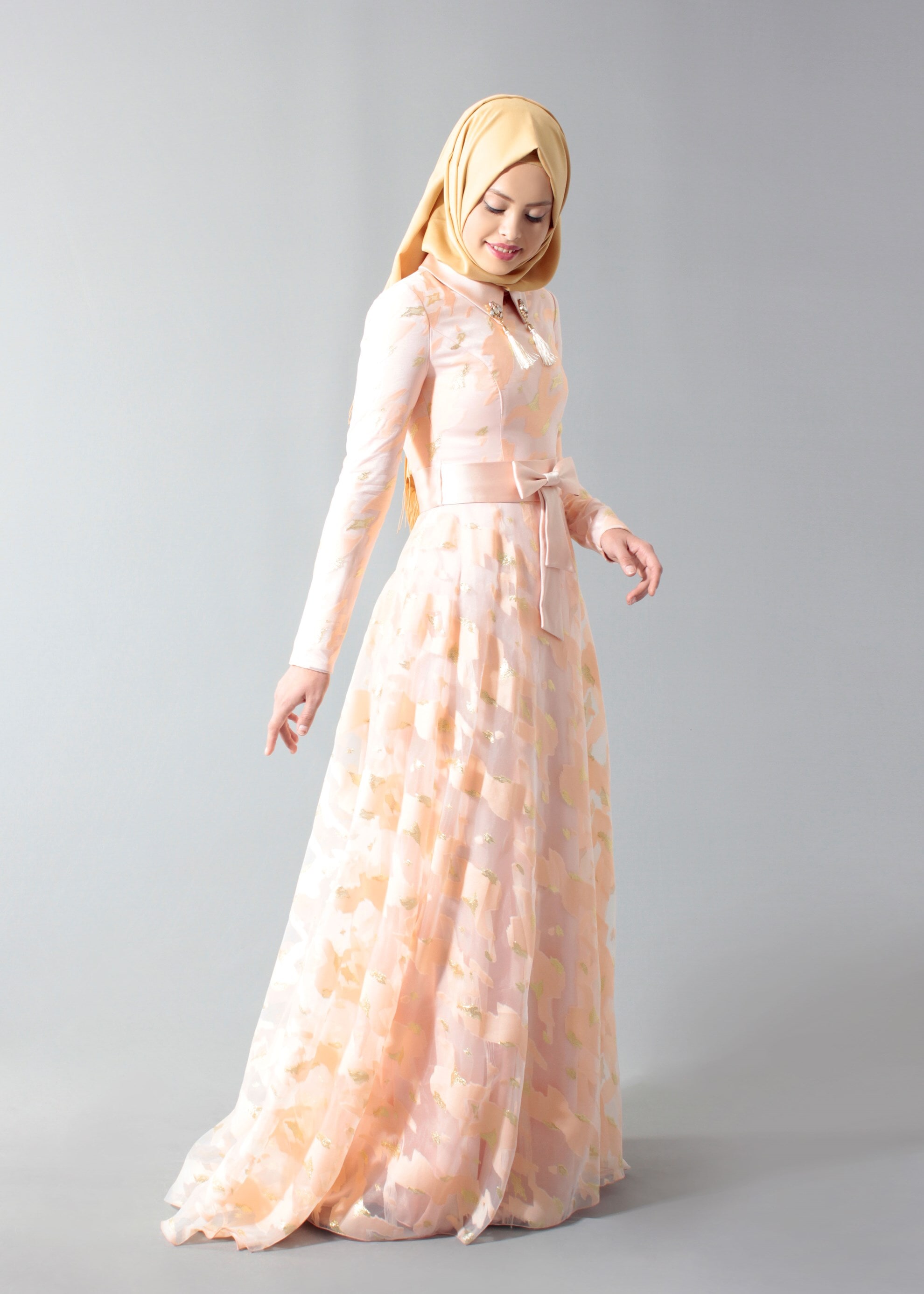 Tesettür giyim PUDRA DESENLİ GÖMLEK YAKA ABİYE ELBİSE 5260