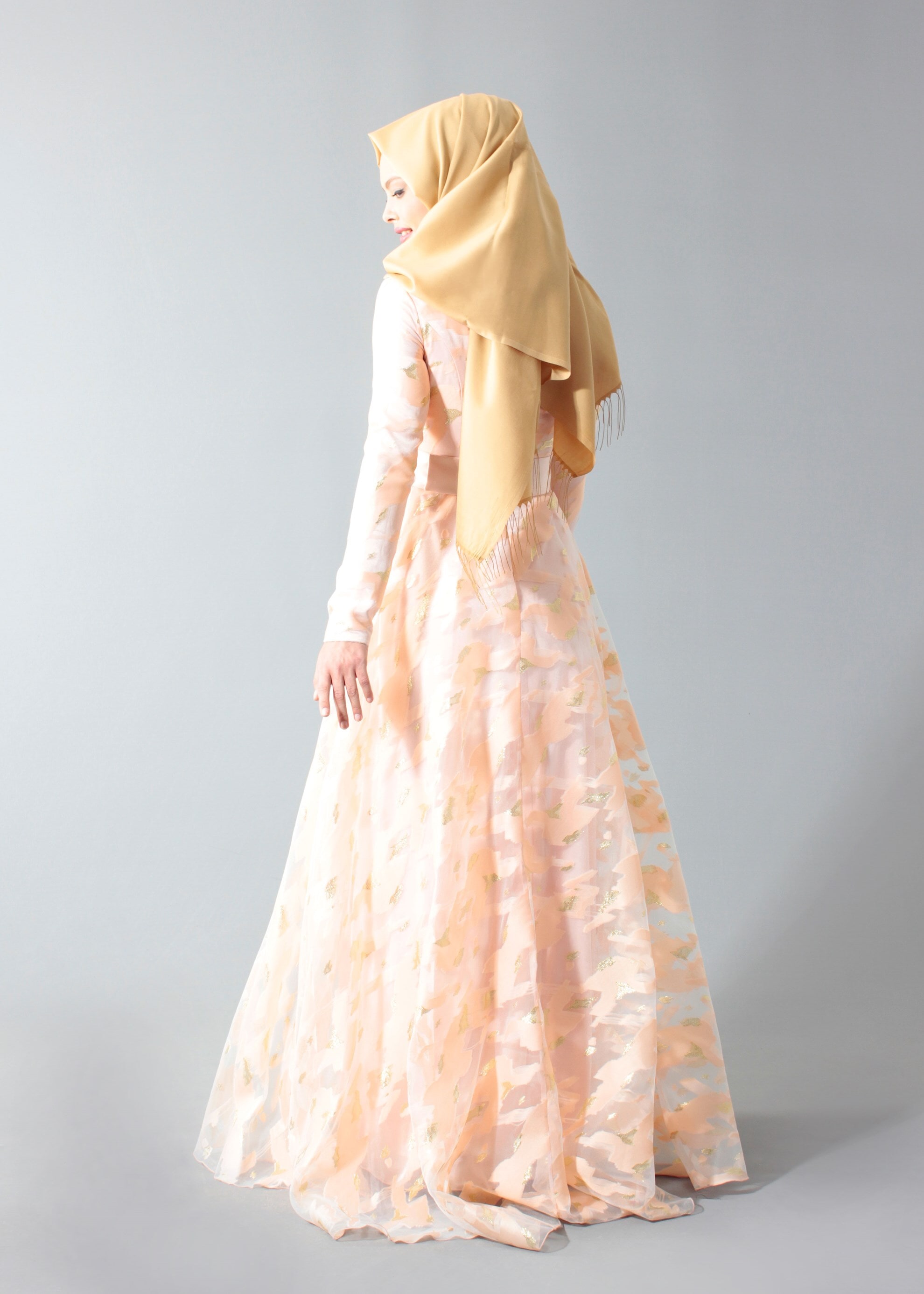 Tesettür giyim PUDRA DESENLİ GÖMLEK YAKA ABİYE ELBİSE 5260