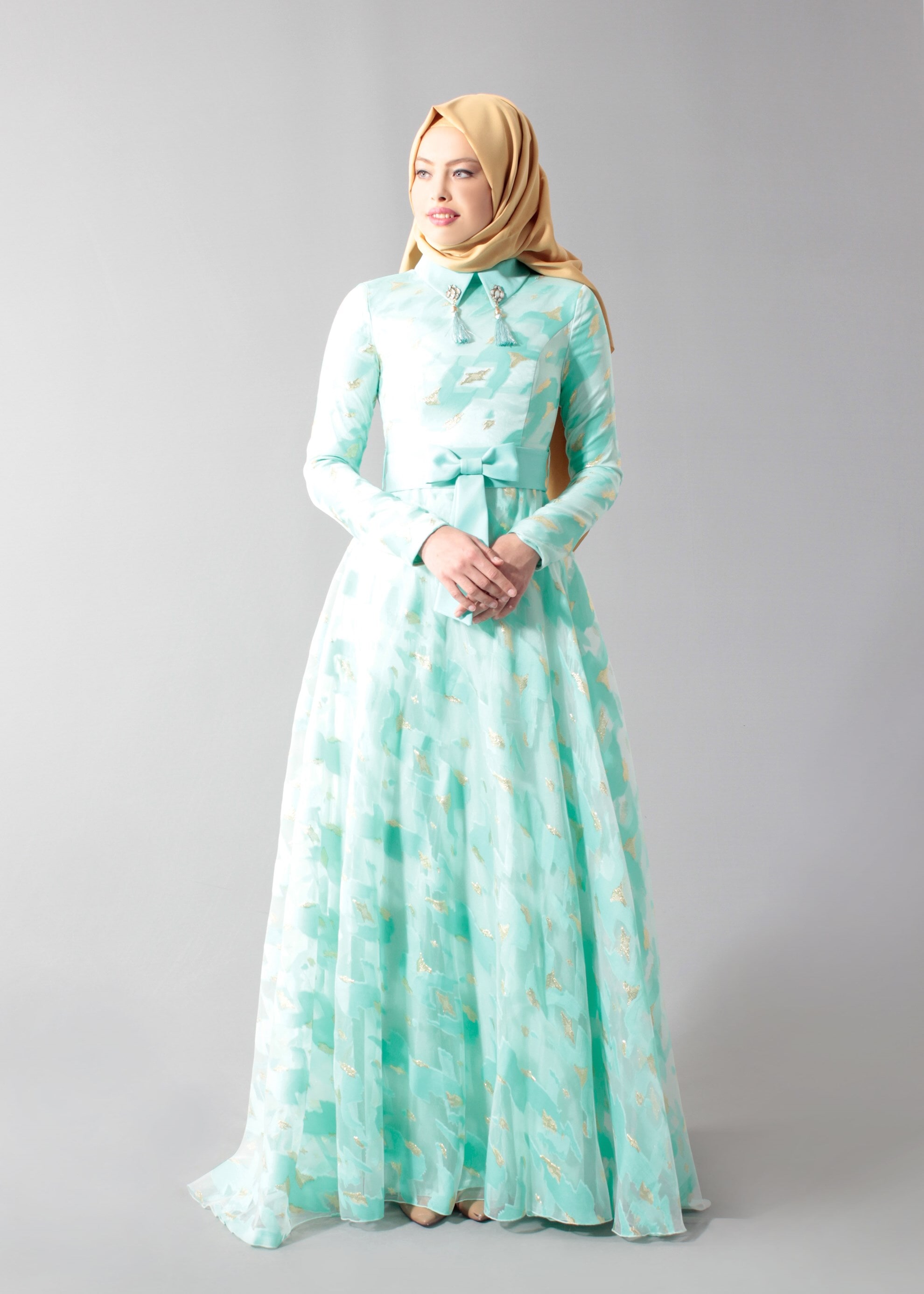 Tesettür giyim YEŞİL DESENLİ GÖMLEK YAKA ABİYE ELBİSE 5260