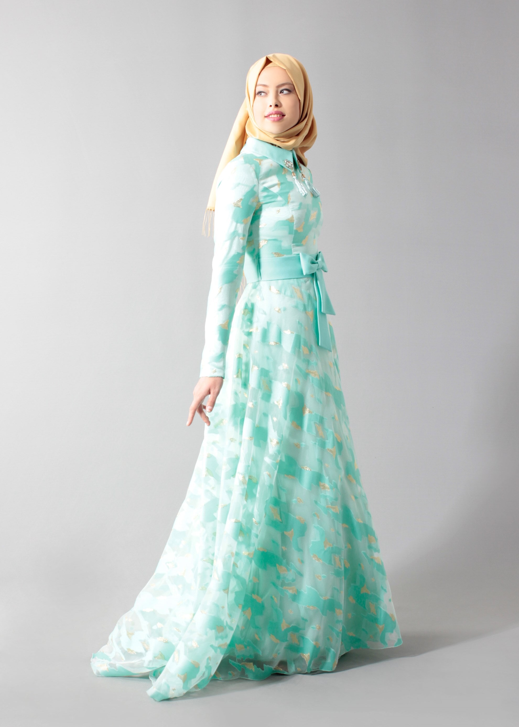 Tesettür giyim YEŞİL DESENLİ GÖMLEK YAKA ABİYE ELBİSE 5260