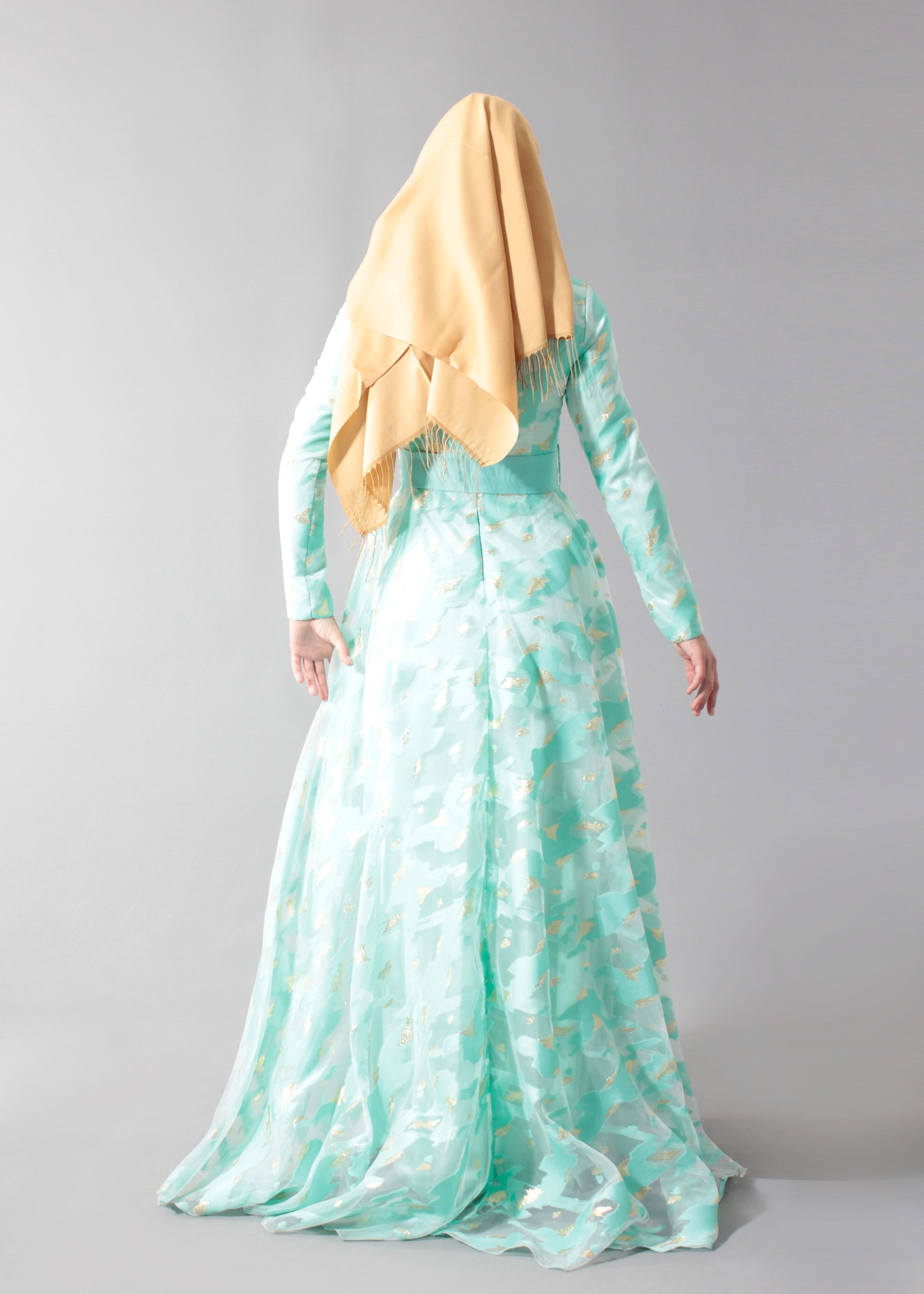 Tesettür giyim YEŞİL DESENLİ GÖMLEK YAKA ABİYE ELBİSE 5260