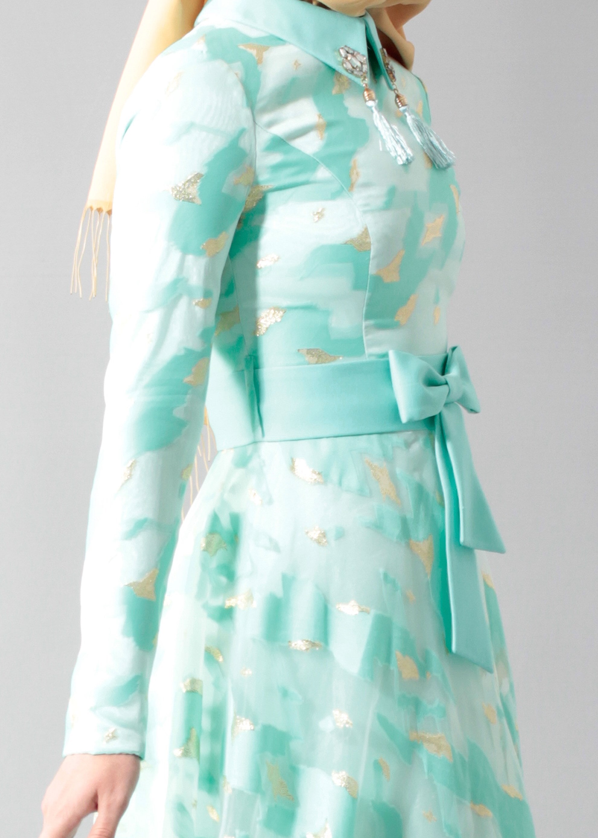 Tesettür giyim YEŞİL DESENLİ GÖMLEK YAKA ABİYE ELBİSE 5260