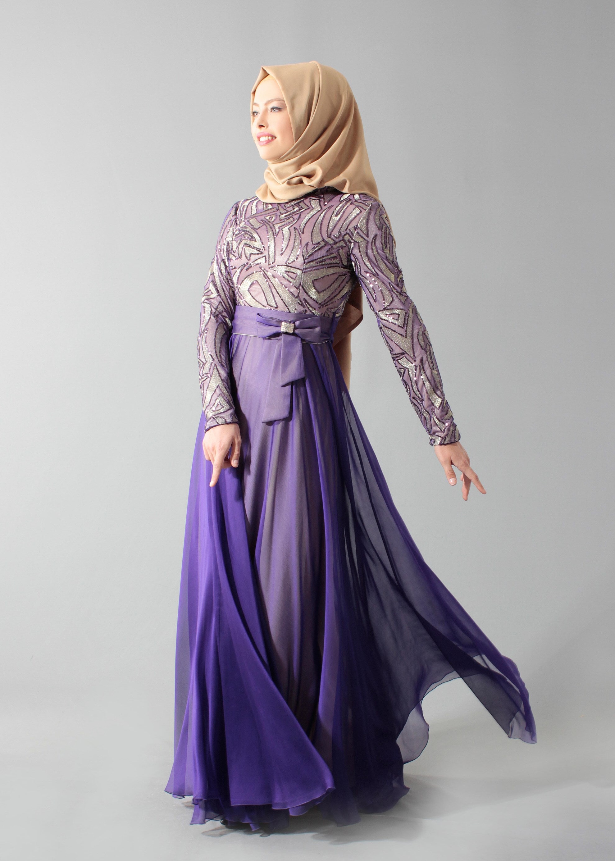 Tesettür giyim MOR PUL PAYET İŞLEMELİ ABİYE ELBİSE 5262