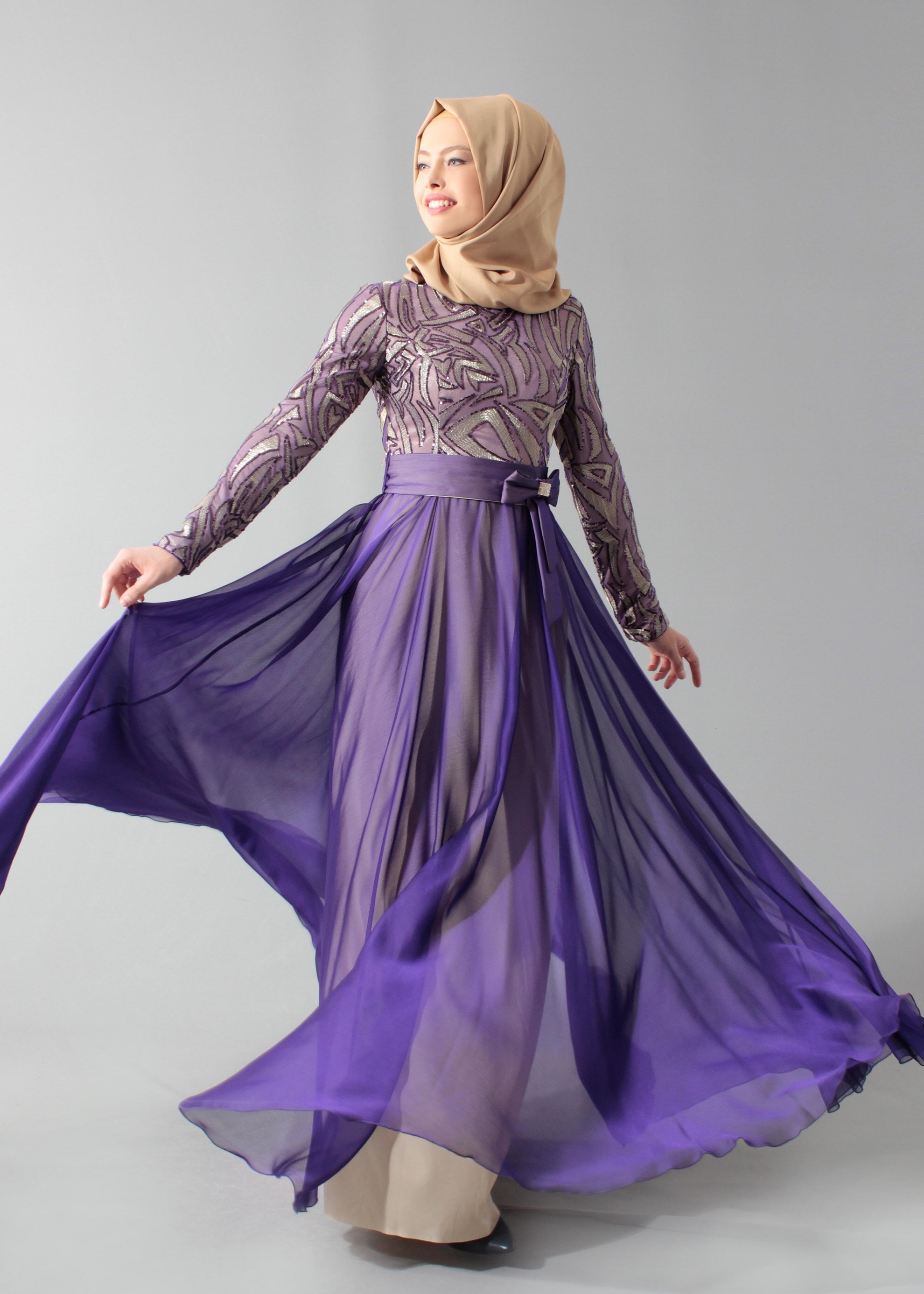 Tesettür giyim MOR PUL PAYET İŞLEMELİ ABİYE ELBİSE 5262