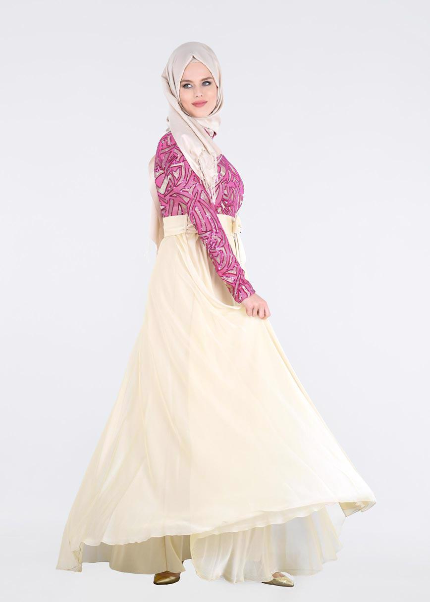 Tesettür giyim FUŞYA PUL PAYET İŞLEMELİ ABİYE ELBİSE 5262