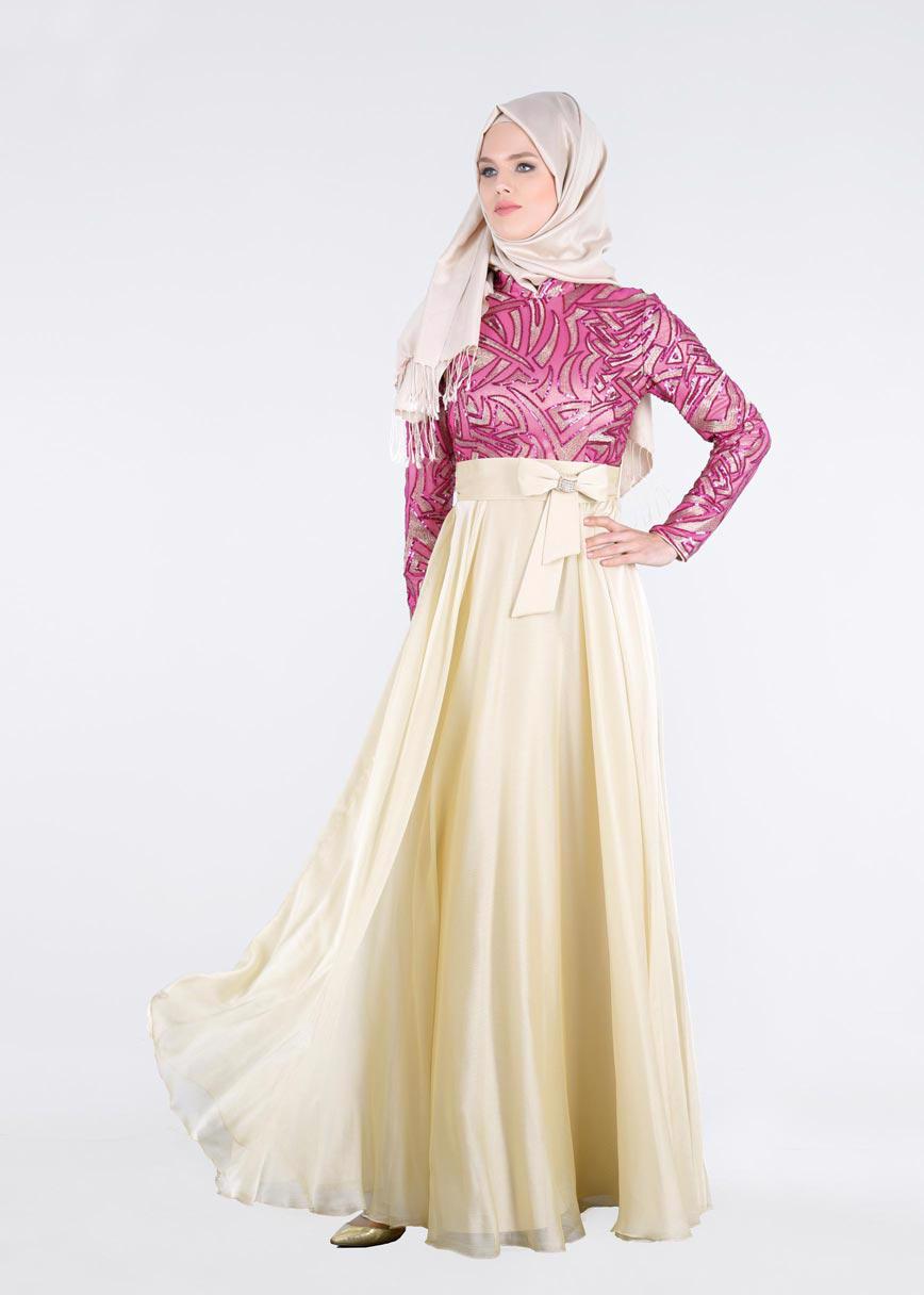 Tesettür giyim FUŞYA PUL PAYET İŞLEMELİ ABİYE ELBİSE 5262