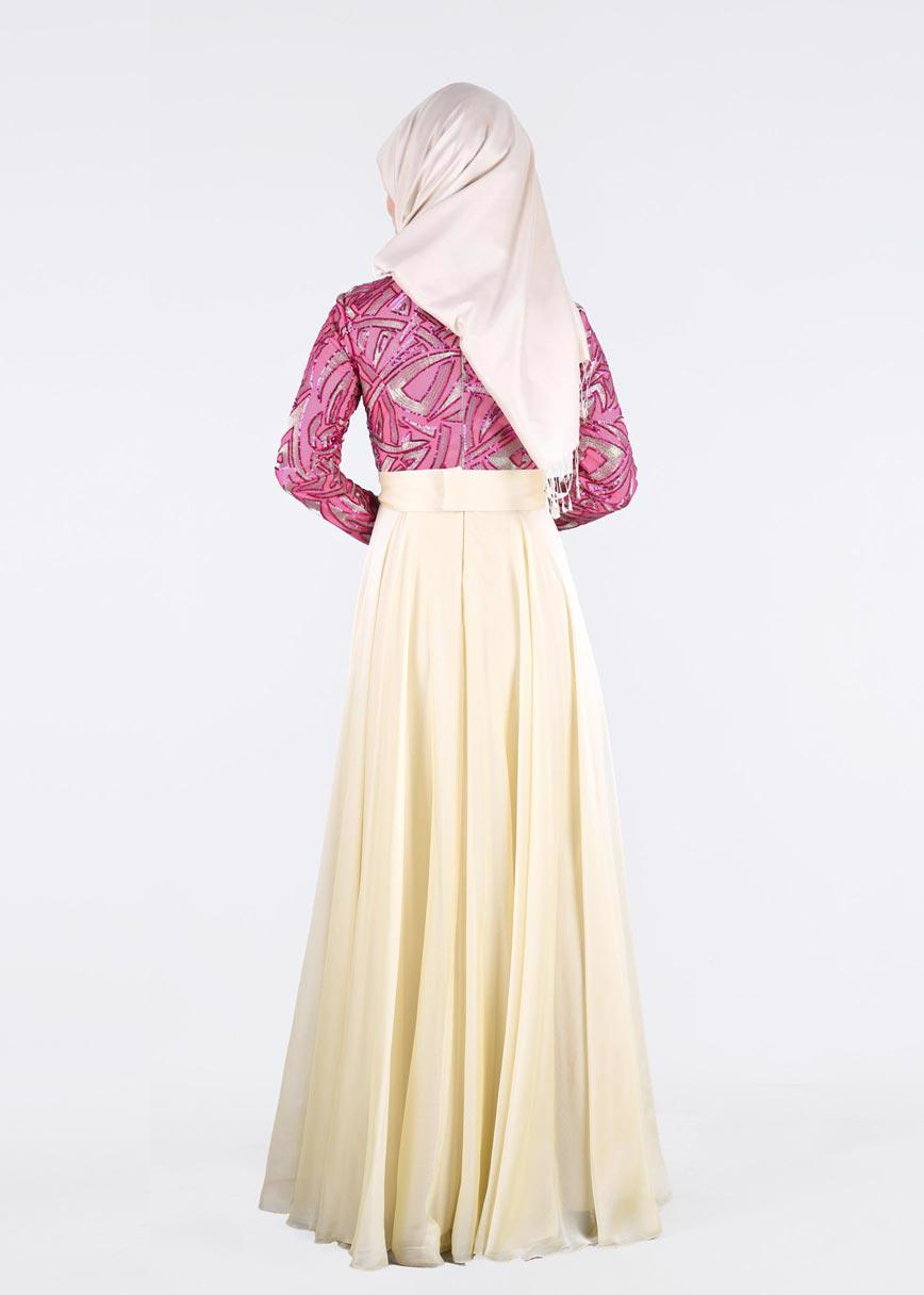 Tesettür giyim FUŞYA PUL PAYET İŞLEMELİ ABİYE ELBİSE 5262