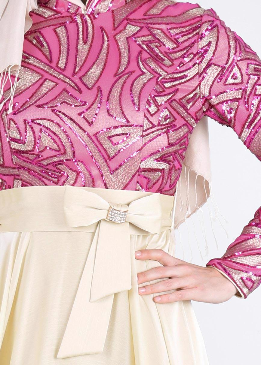 Tesettür giyim FUŞYA PUL PAYET İŞLEMELİ ABİYE ELBİSE 5262