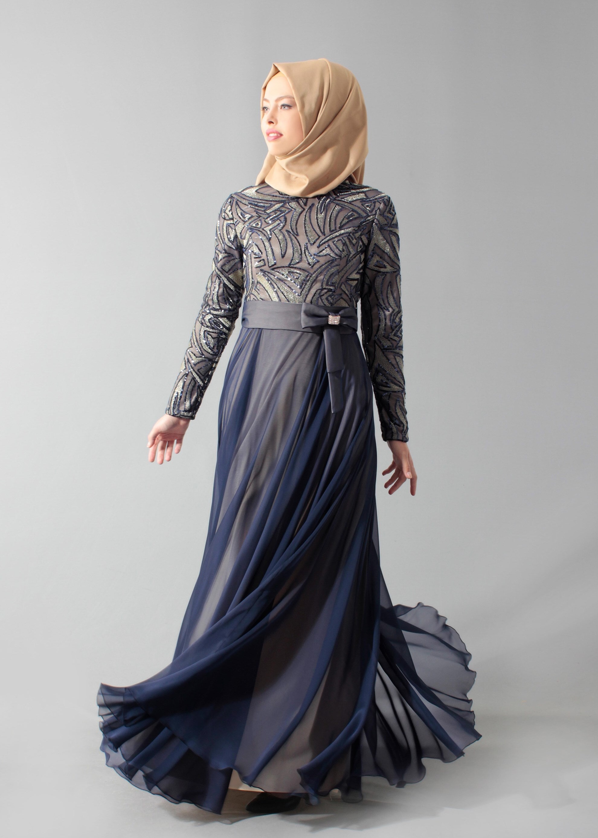 Tesettür giyim LACİVERT PUL PAYET İŞLEMELİ ABİYE ELBİSE 5262