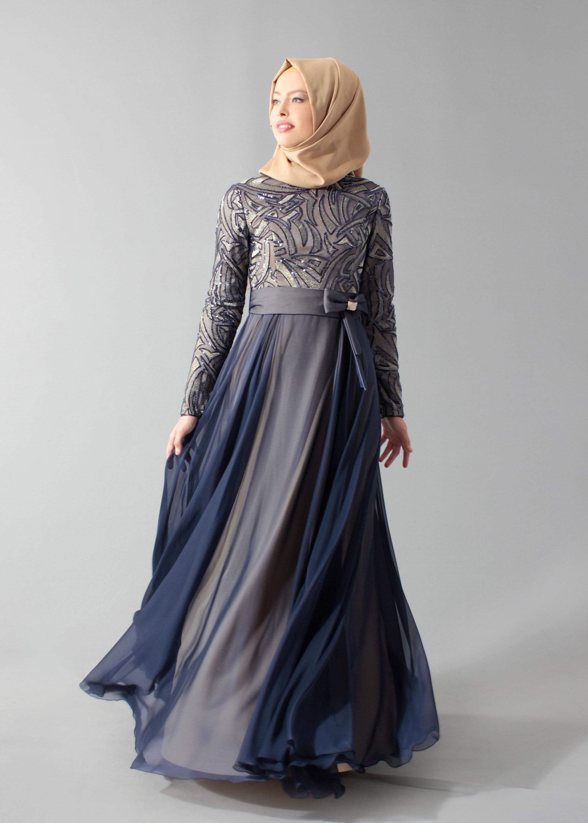 Tesettür giyim LACİVERT PUL PAYET İŞLEMELİ ABİYE ELBİSE 5262