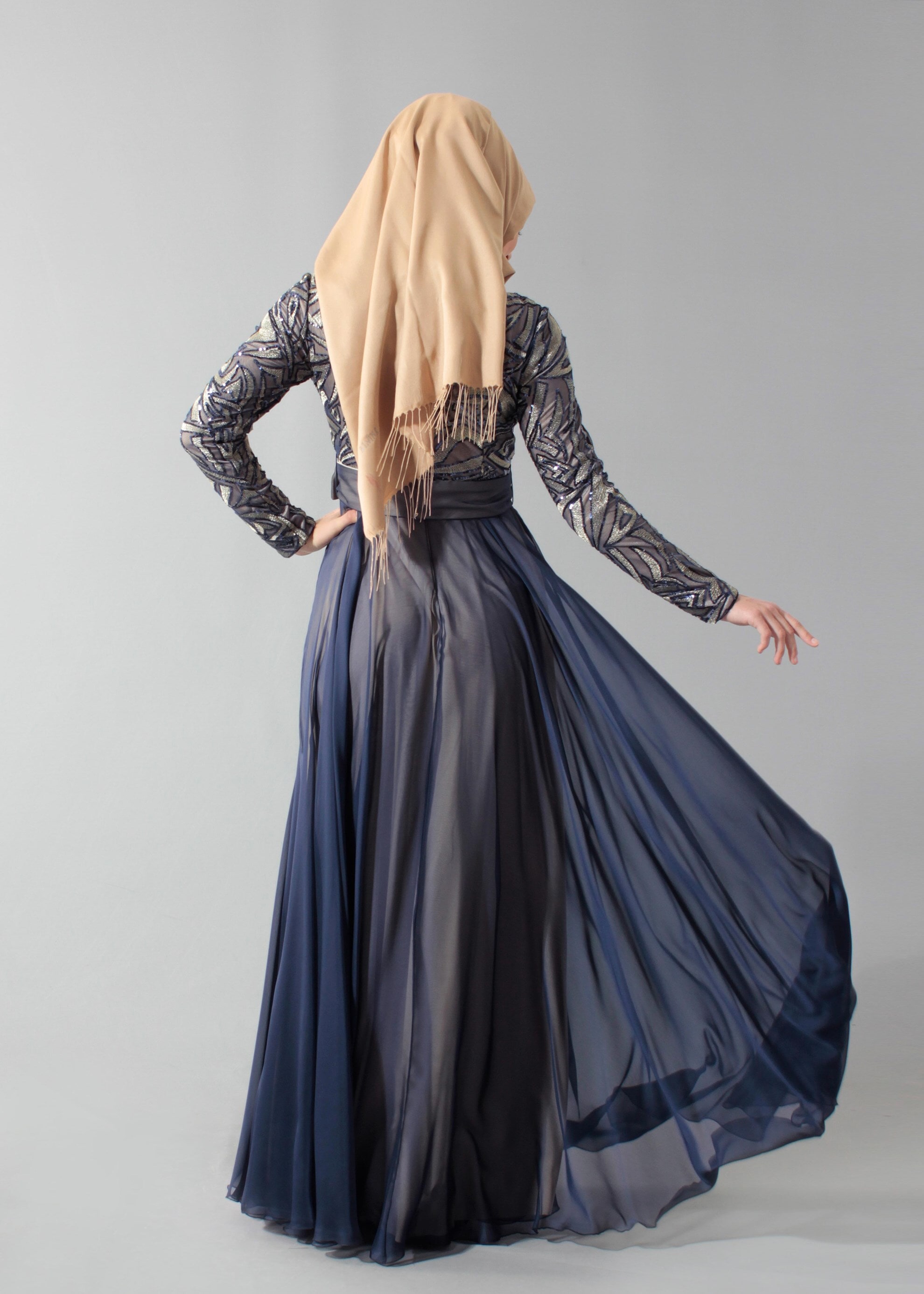 Tesettür giyim LACİVERT PUL PAYET İŞLEMELİ ABİYE ELBİSE 5262