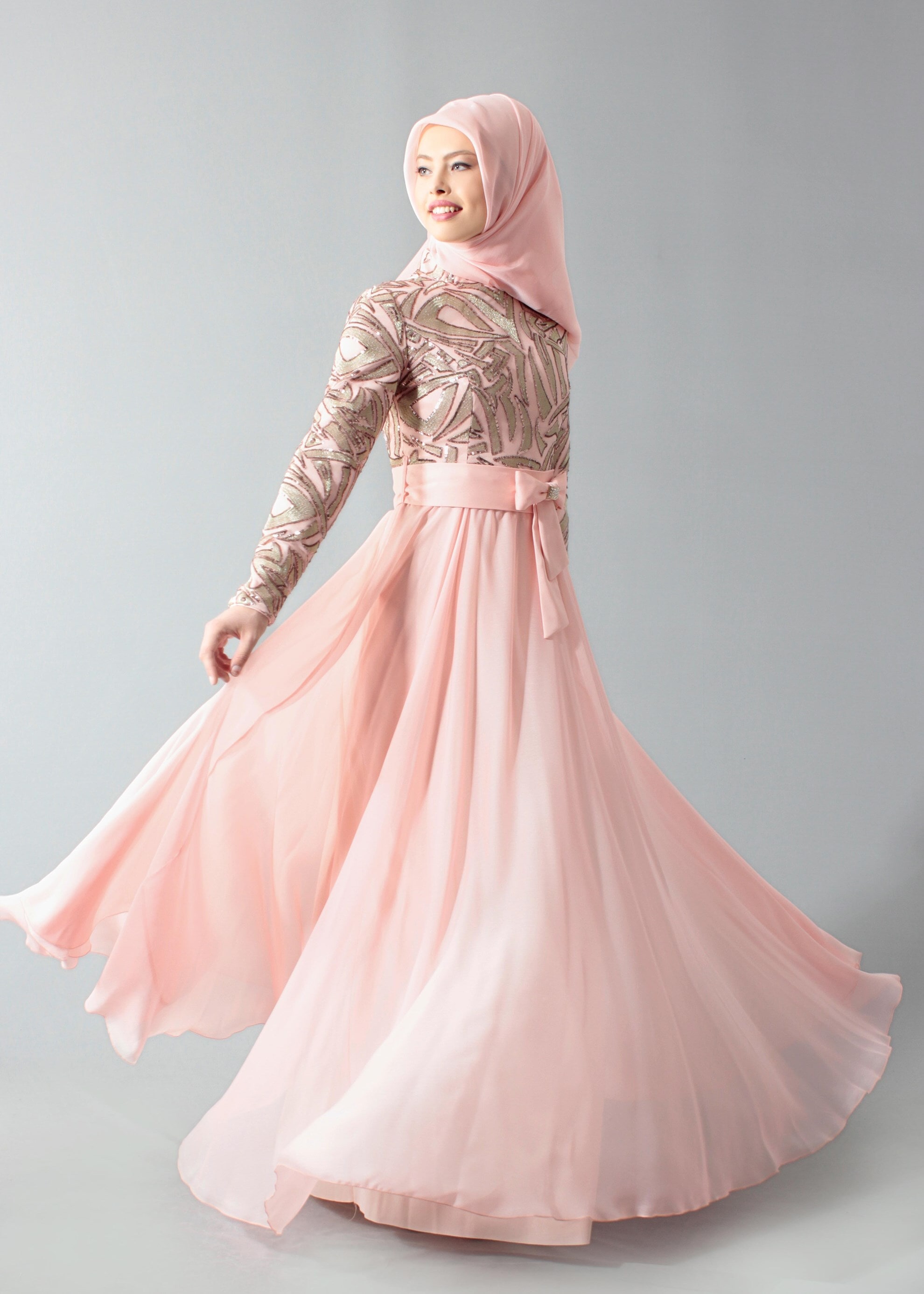 Tesettür giyim PUDRA PUL PAYET İŞLEMELİ ABİYE ELBİSE 5262