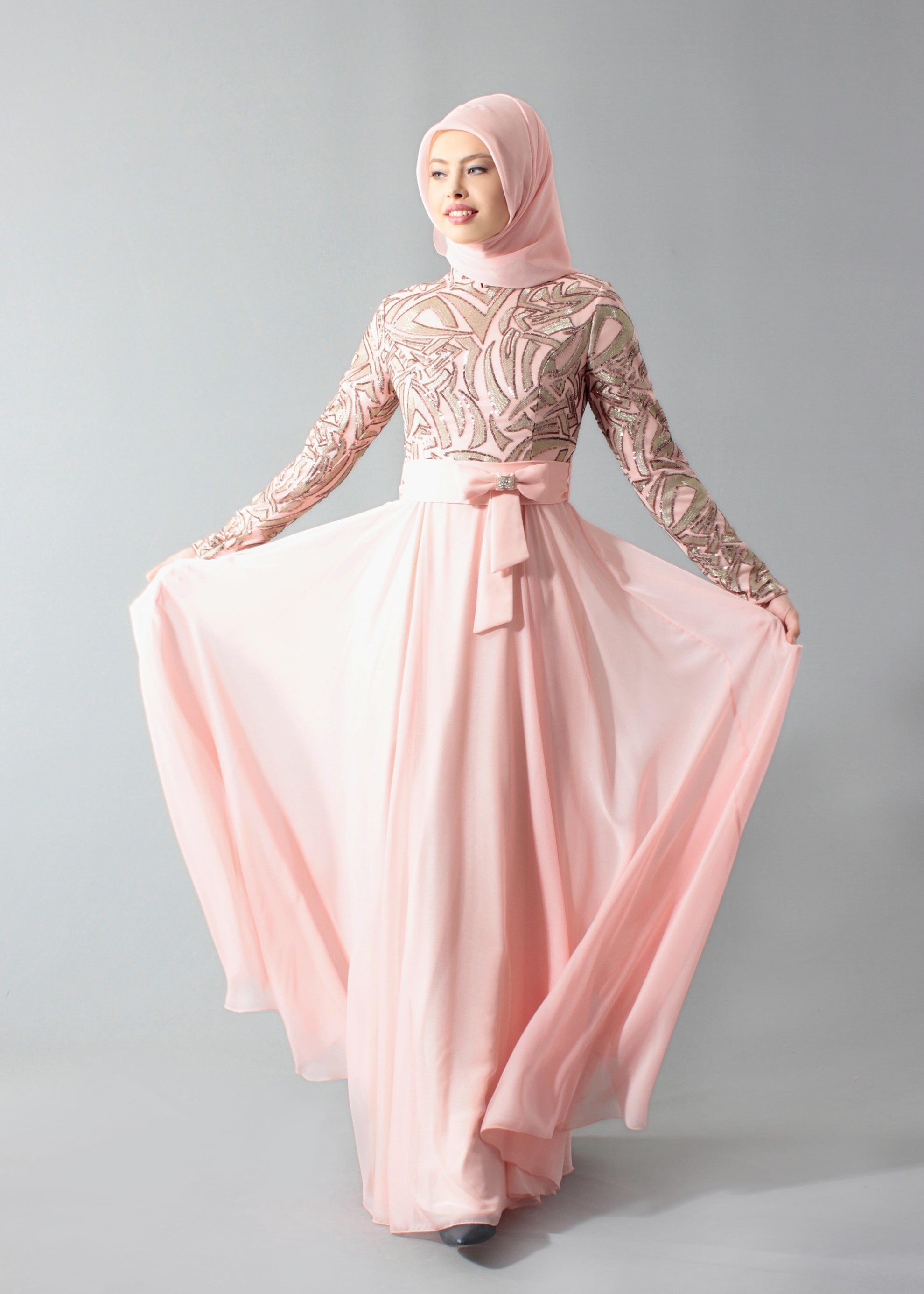 Tesettür giyim PUDRA PUL PAYET İŞLEMELİ ABİYE ELBİSE 5262