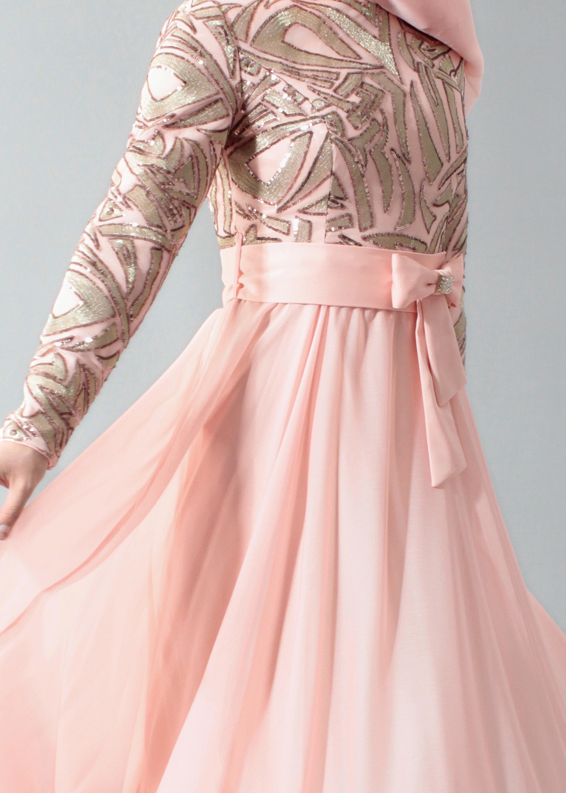 Tesettür giyim PUDRA PUL PAYET İŞLEMELİ ABİYE ELBİSE 5262