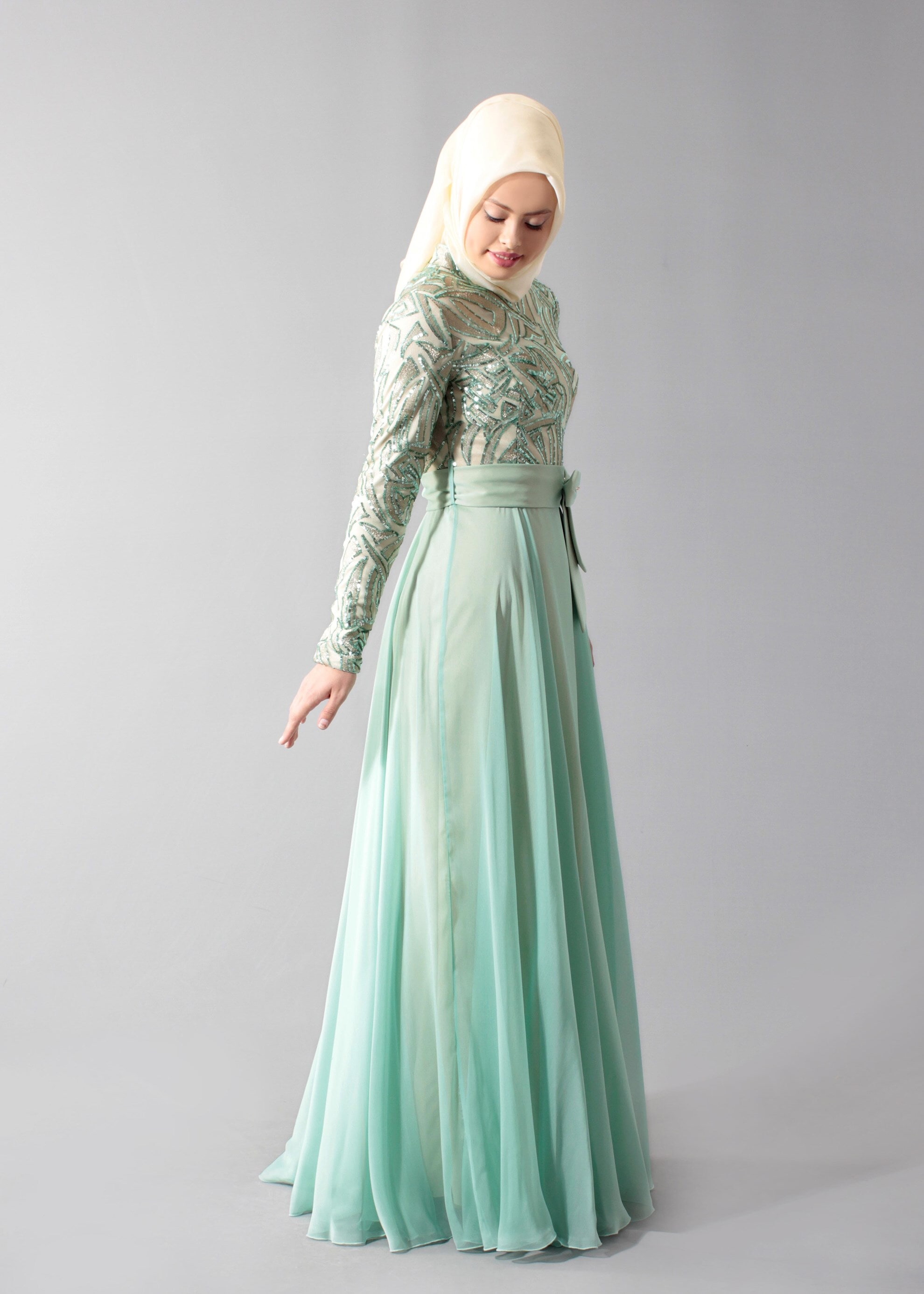 Tesettür giyim YEŞİL PUL PAYET İŞLEMELİ ABİYE ELBİSE 5262
