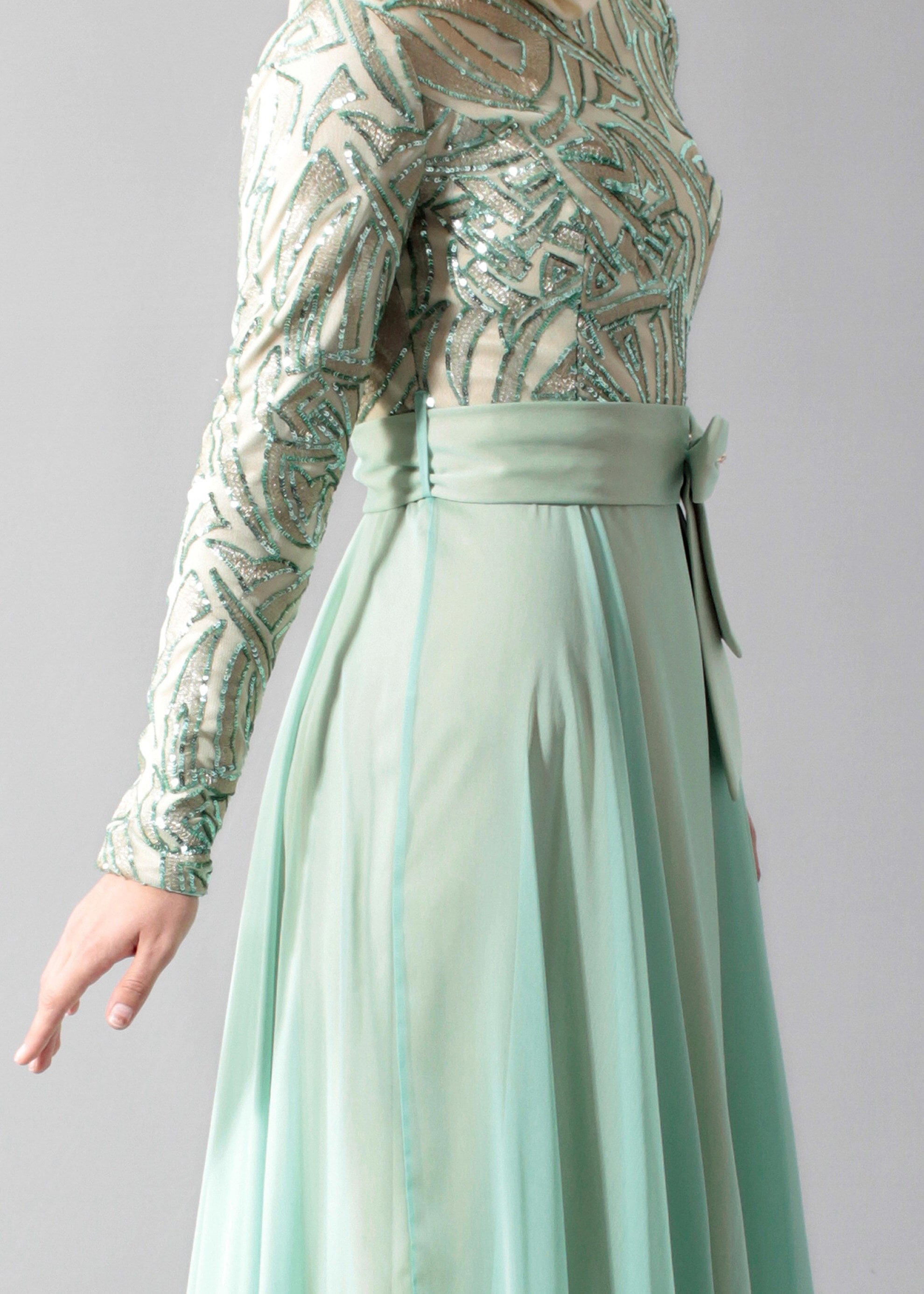 Tesettür giyim YEŞİL PUL PAYET İŞLEMELİ ABİYE ELBİSE 5262