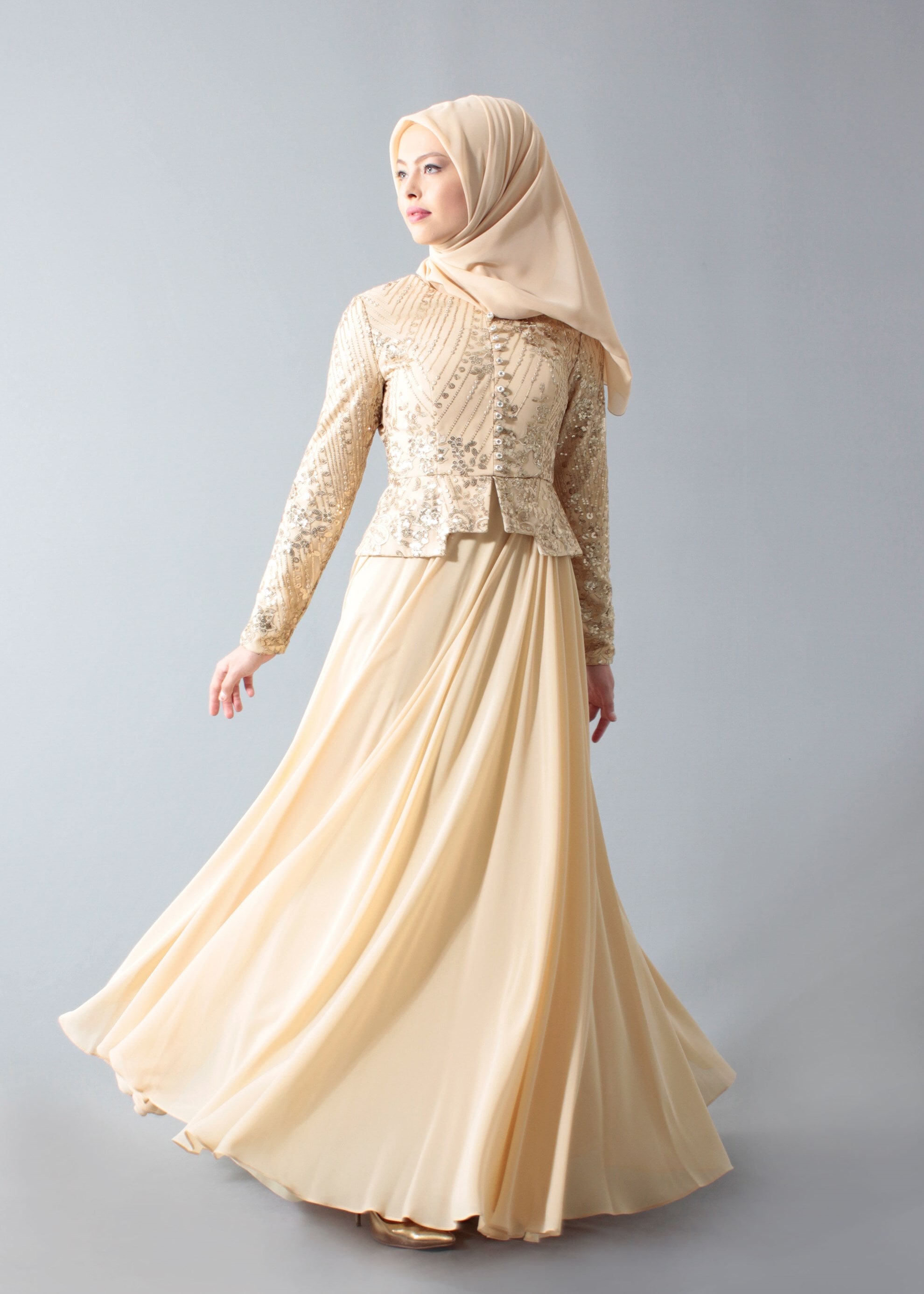 Tesettür giyim ALTIN PUL PAYETLİ TAŞ DETAYLI ABİYE ELBİSE 5271