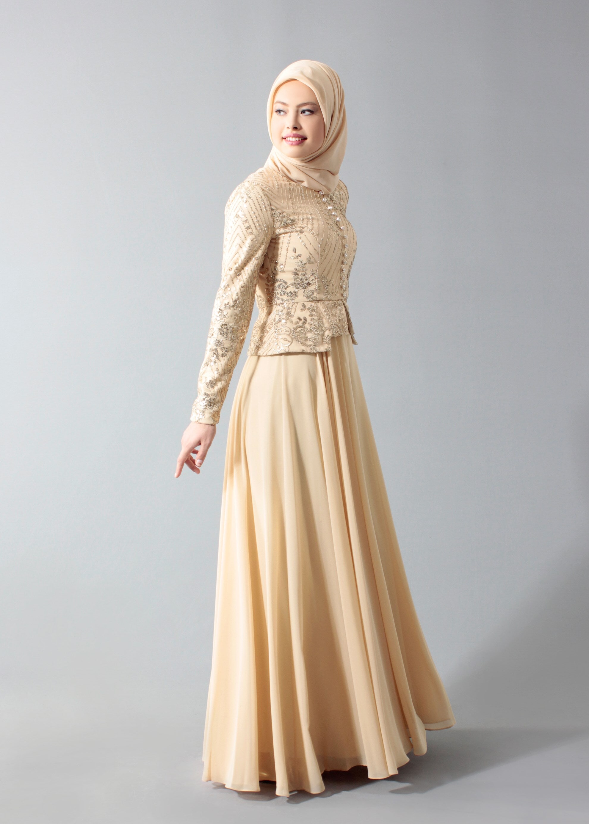 Tesettür giyim ALTIN PUL PAYETLİ TAŞ DETAYLI ABİYE ELBİSE 5271