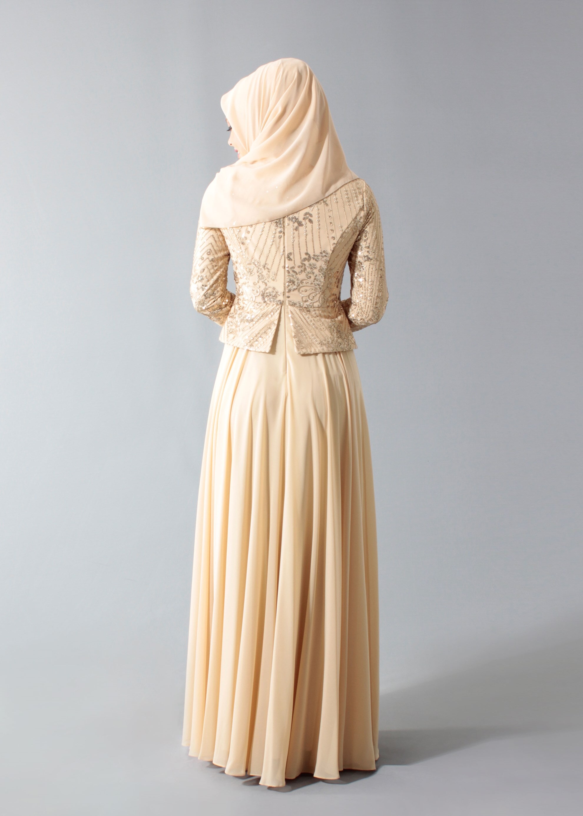 Tesettür giyim ALTIN PUL PAYETLİ TAŞ DETAYLI ABİYE ELBİSE 5271