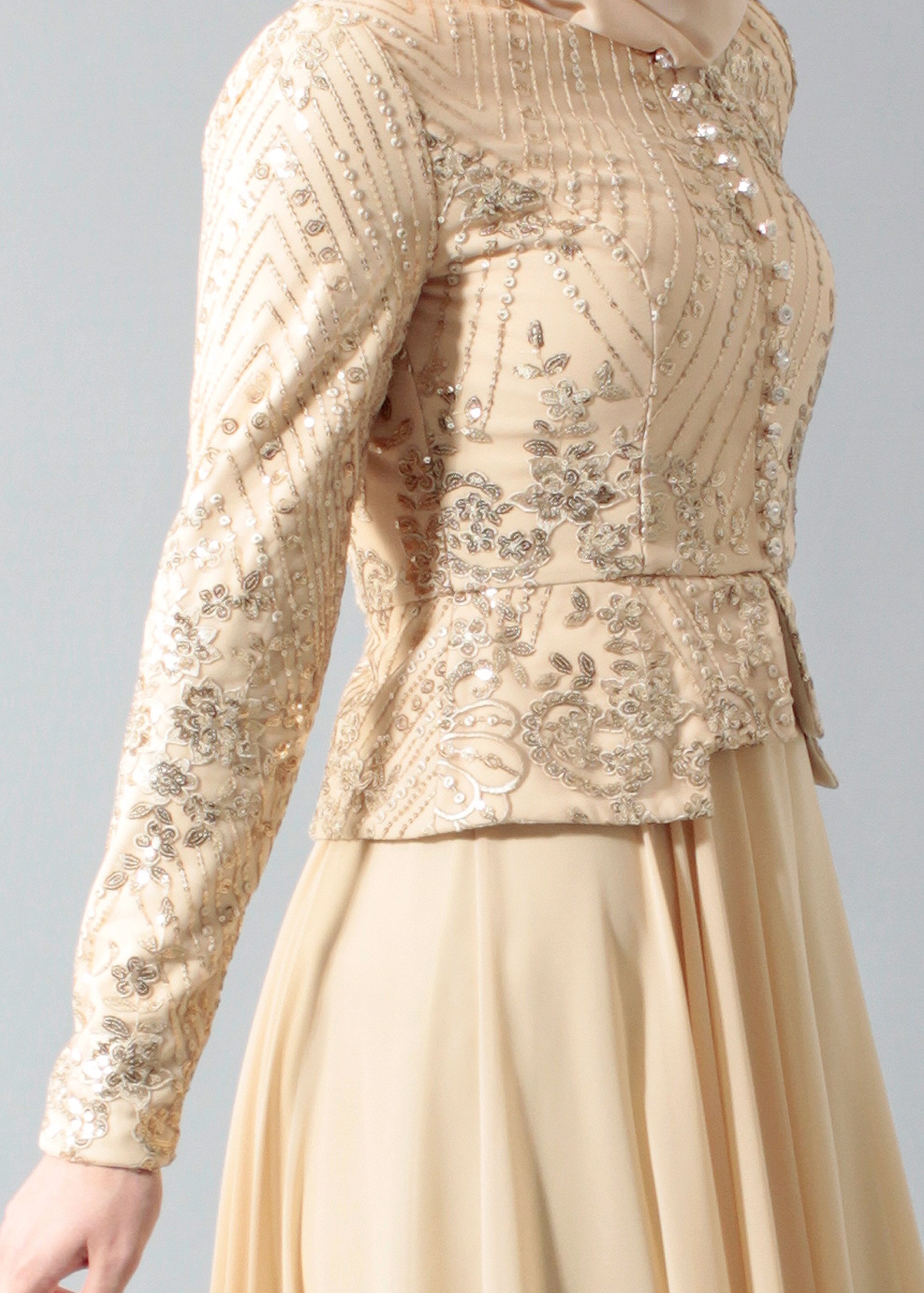 Tesettür giyim ALTIN PUL PAYETLİ TAŞ DETAYLI ABİYE ELBİSE 5271