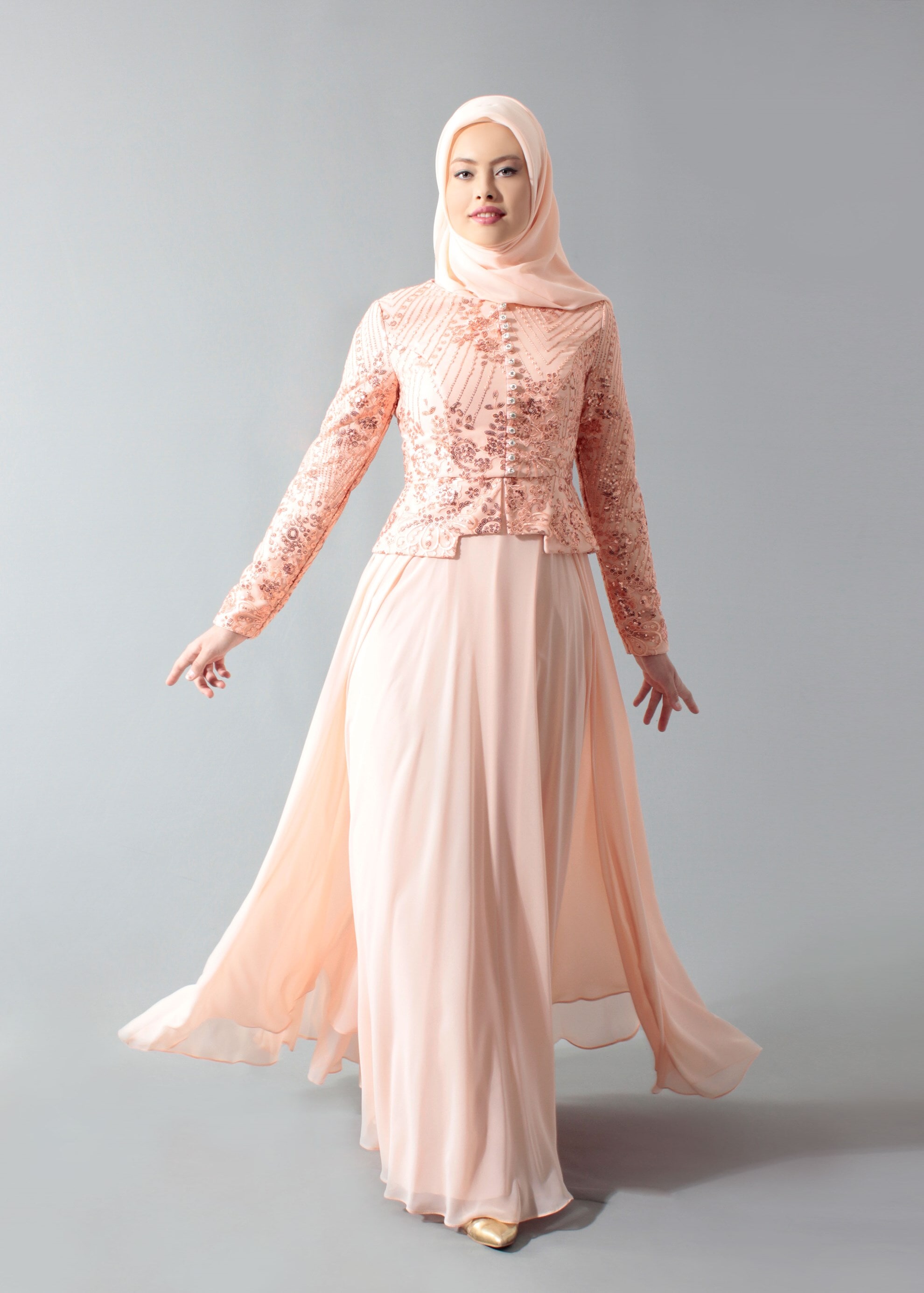 Tesettür giyim PUDRA PUL PAYETLİ TAŞ DETAYLI ABİYE ELBİSE 5271