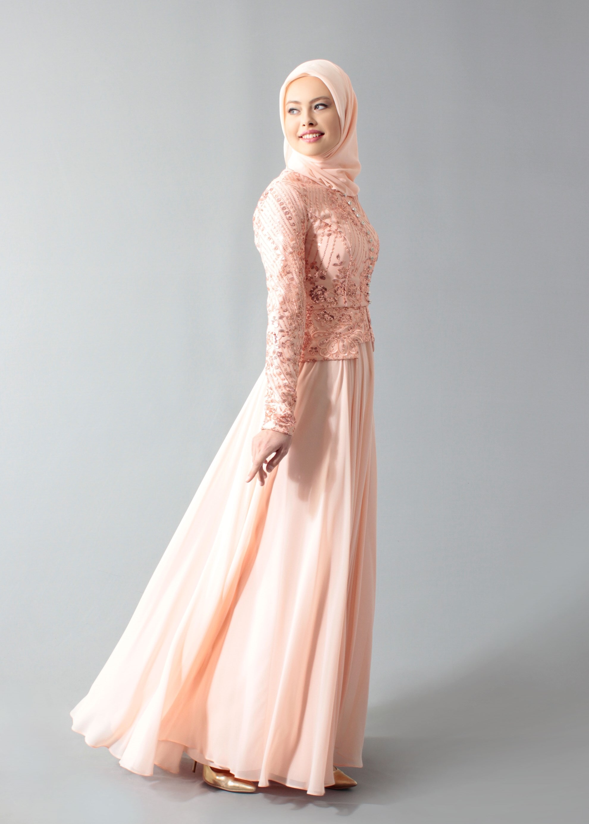 Tesettür giyim PUDRA PUL PAYETLİ TAŞ DETAYLI ABİYE ELBİSE 5271