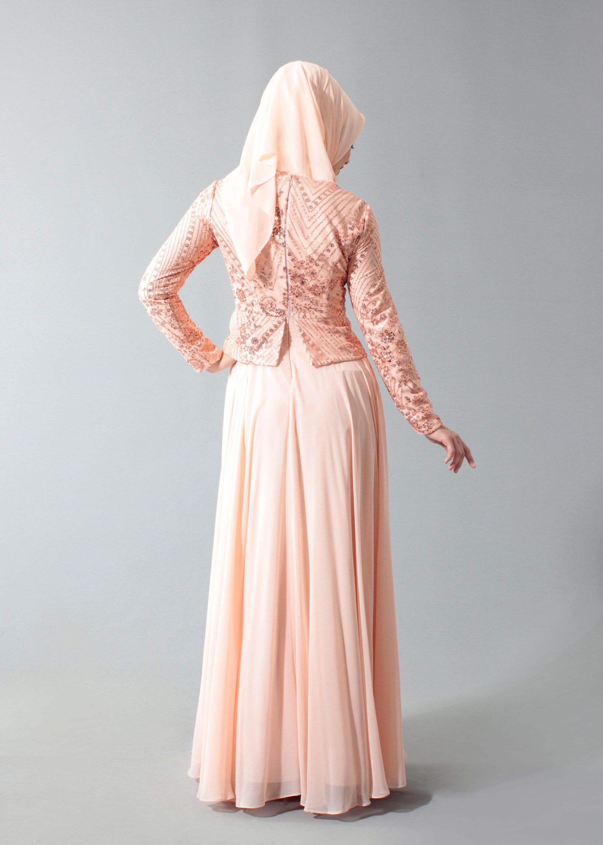 Tesettür giyim PUDRA PUL PAYETLİ TAŞ DETAYLI ABİYE ELBİSE 5271