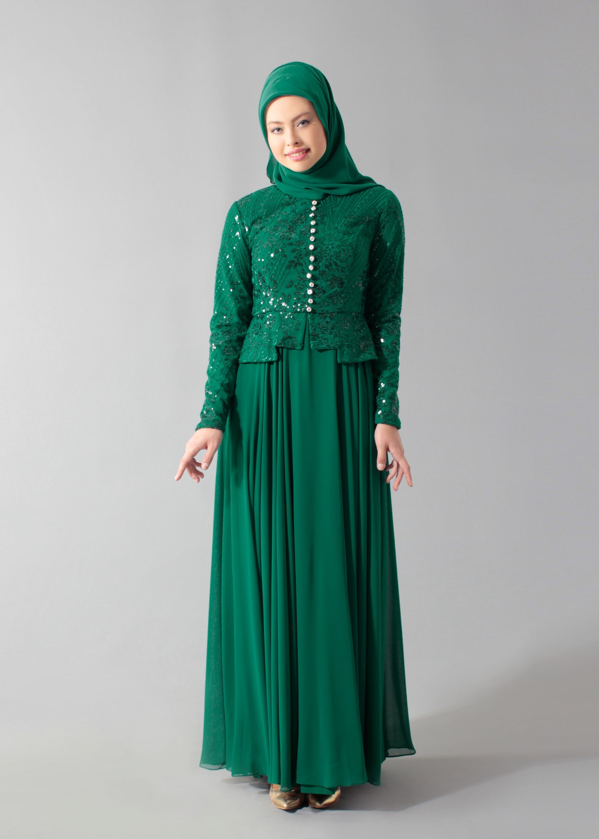 Tesettür giyim YEŞİL PUL PAYETLİ TAŞ DETAYLI ABİYE ELBİSE 5271