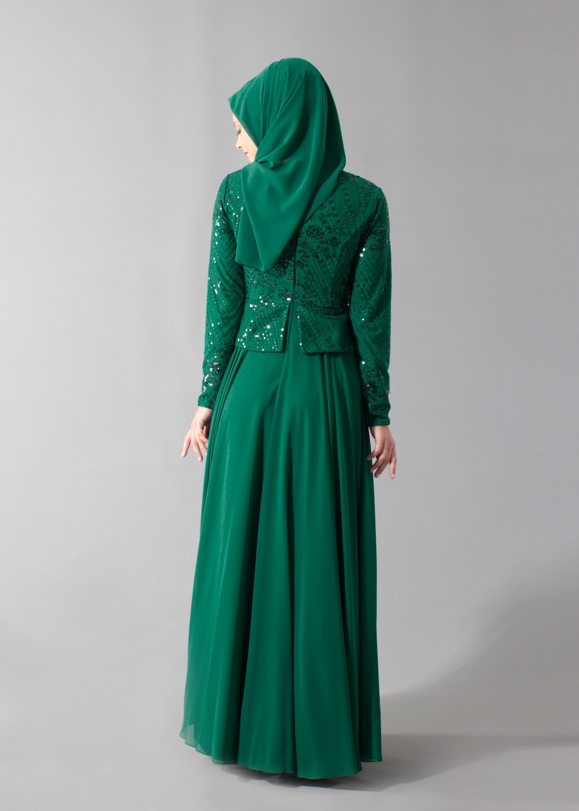 Tesettür giyim YEŞİL PUL PAYETLİ TAŞ DETAYLI ABİYE ELBİSE 5271