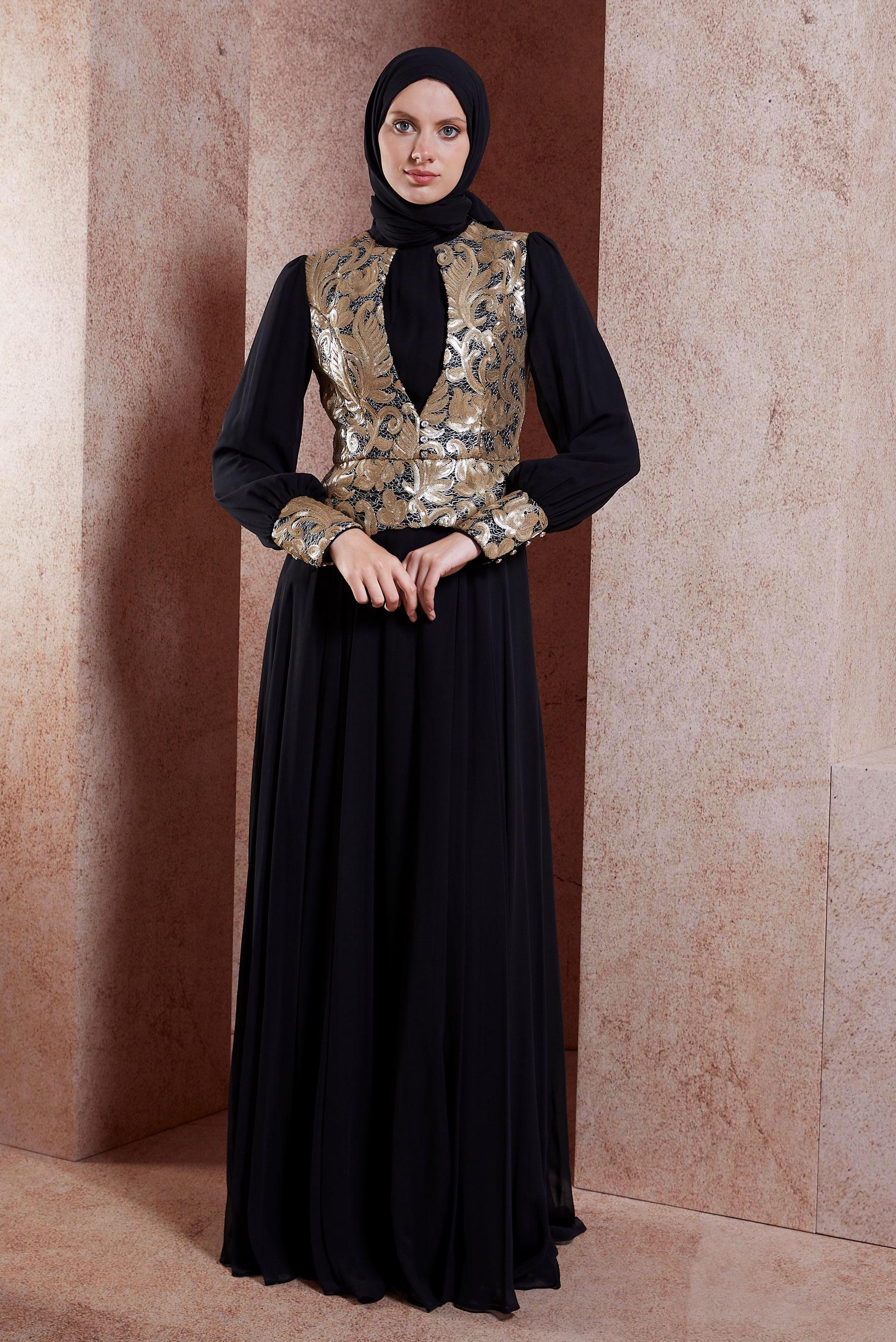 Tesettür giyim SİYAH DESENLİ ŞİFON ABİYE ELBİSE 5277