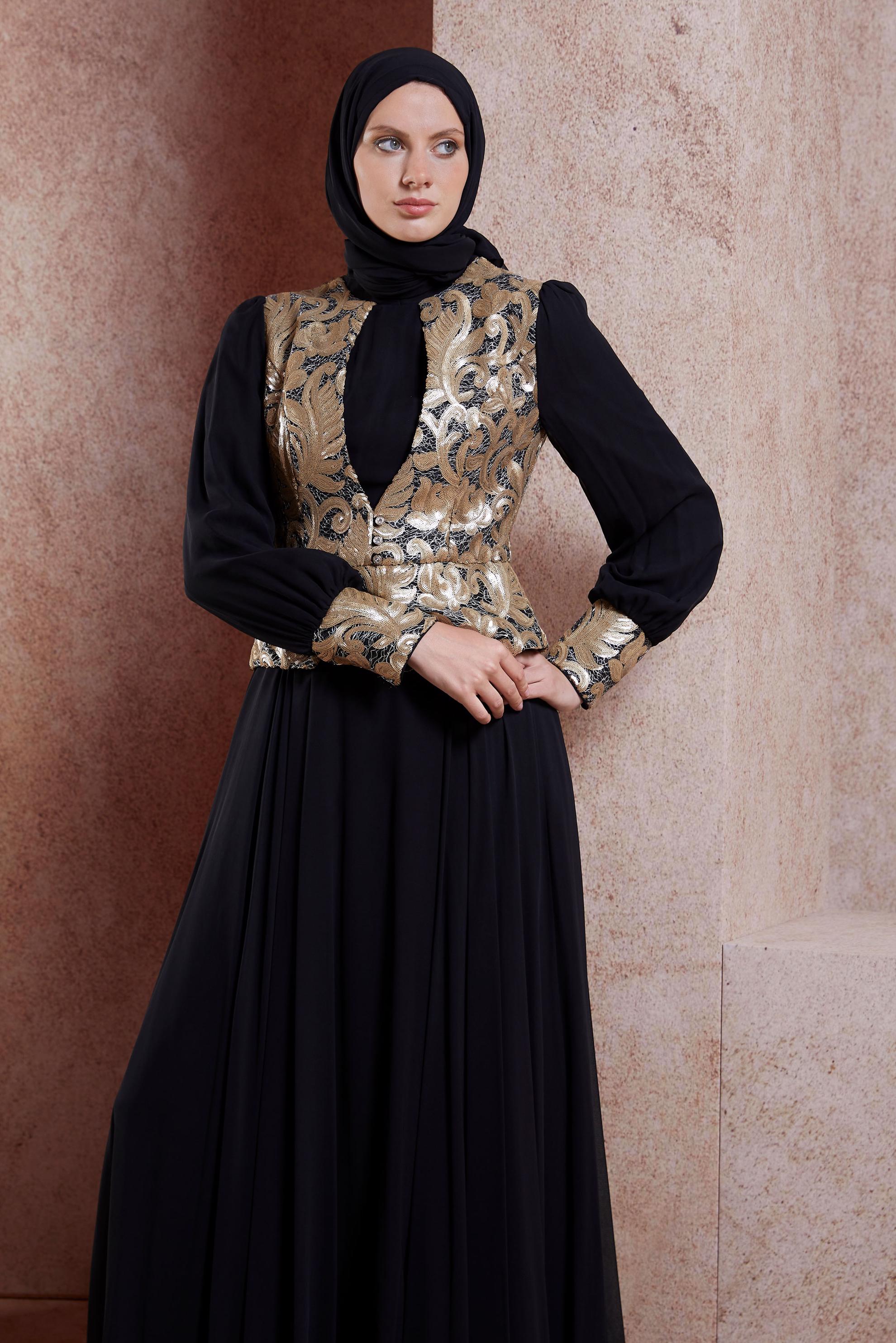 Tesettür giyim SİYAH DESENLİ ŞİFON ABİYE ELBİSE 5277