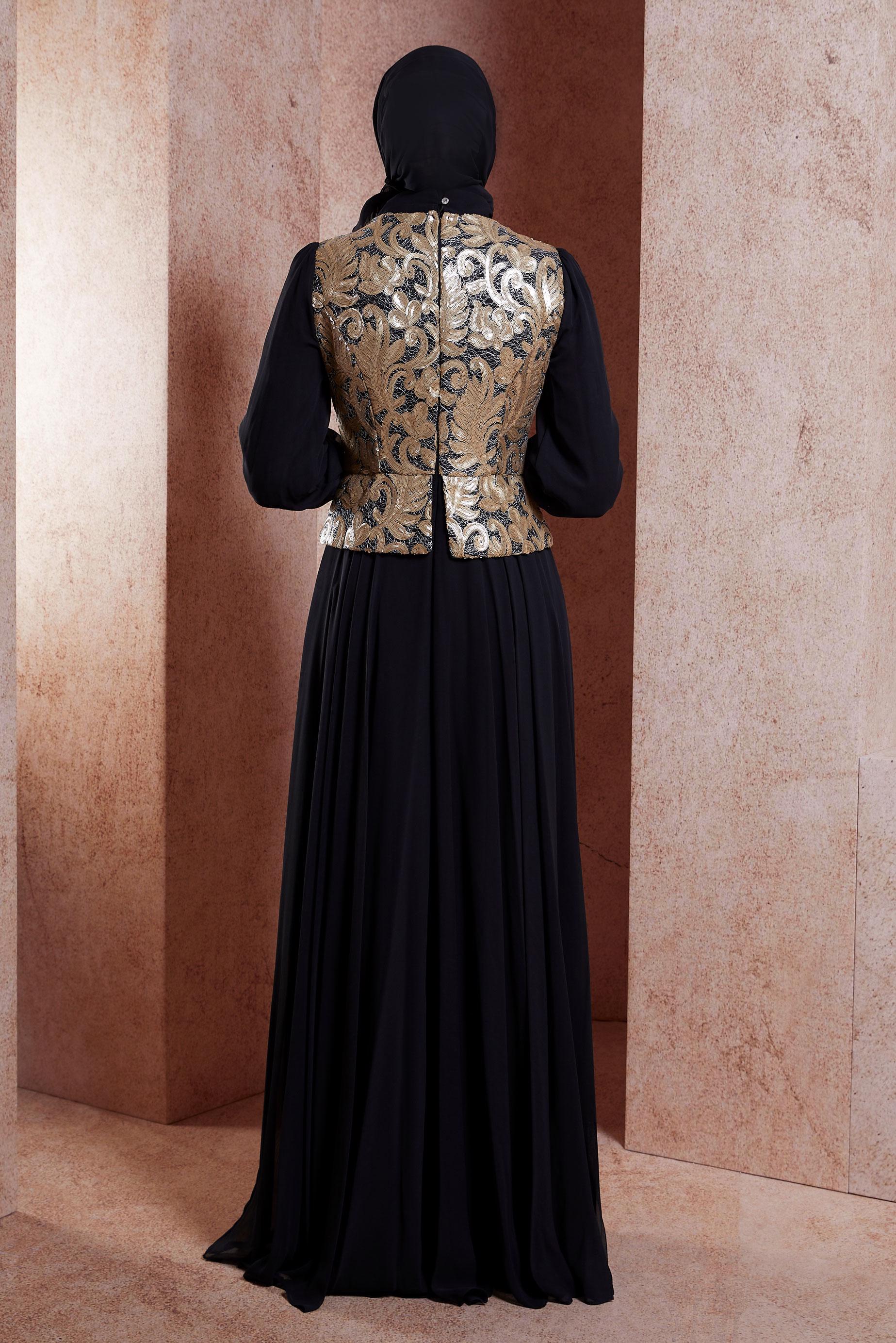 Tesettür giyim SİYAH DESENLİ ŞİFON ABİYE ELBİSE 5277