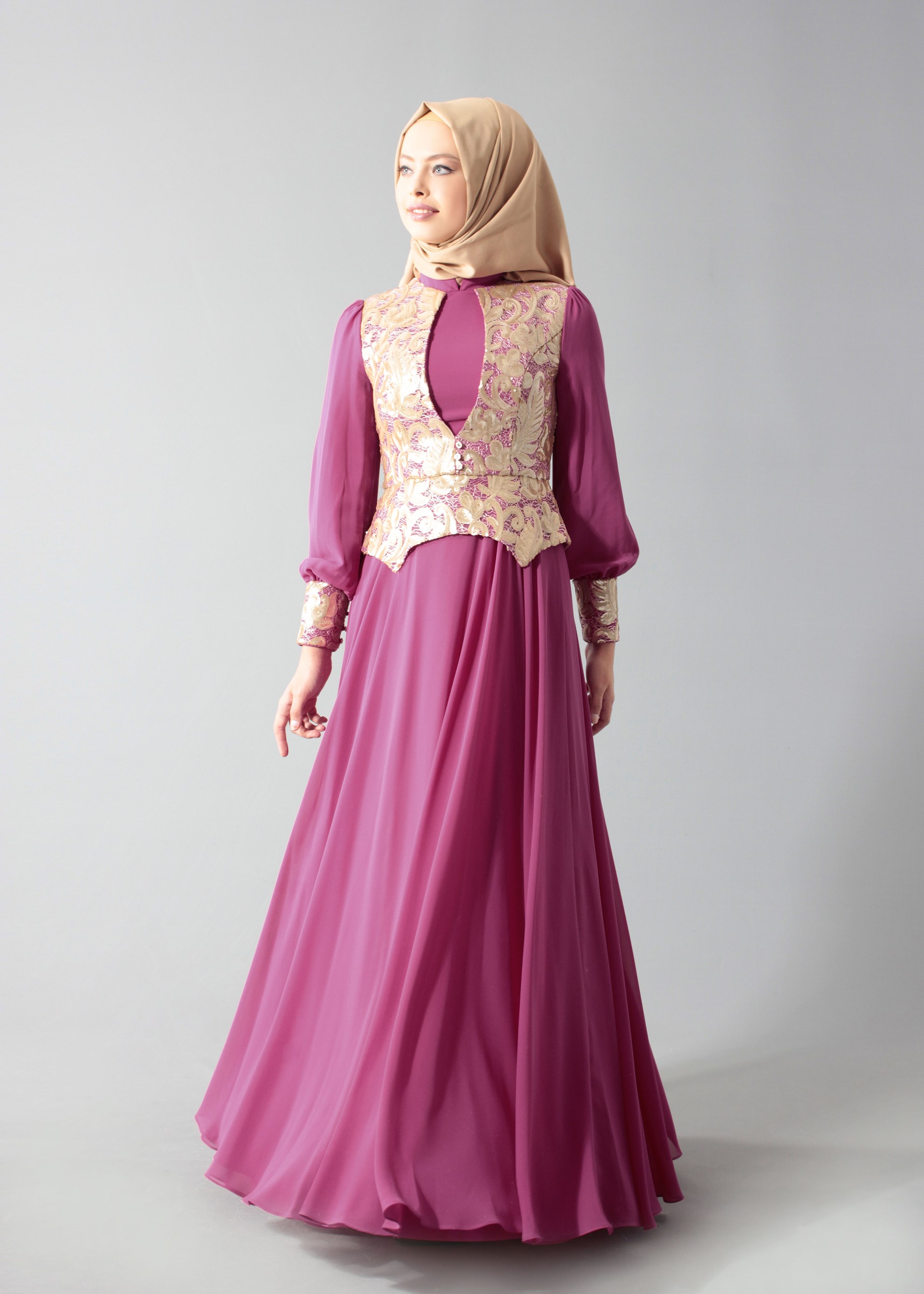 Tesettür giyim FUŞYA DESENLİ ŞİFON ABİYE ELBİSE 5277