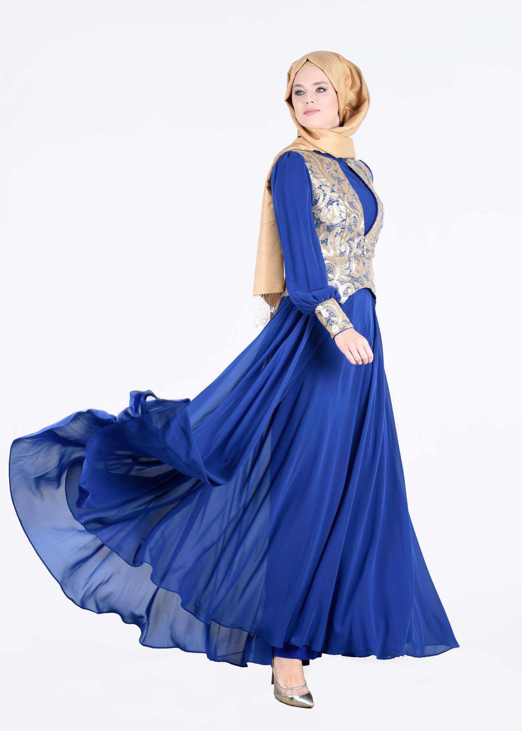 Tesettür giyim LACİVERT DESENLİ ŞİFON ABİYE ELBİSE 5277