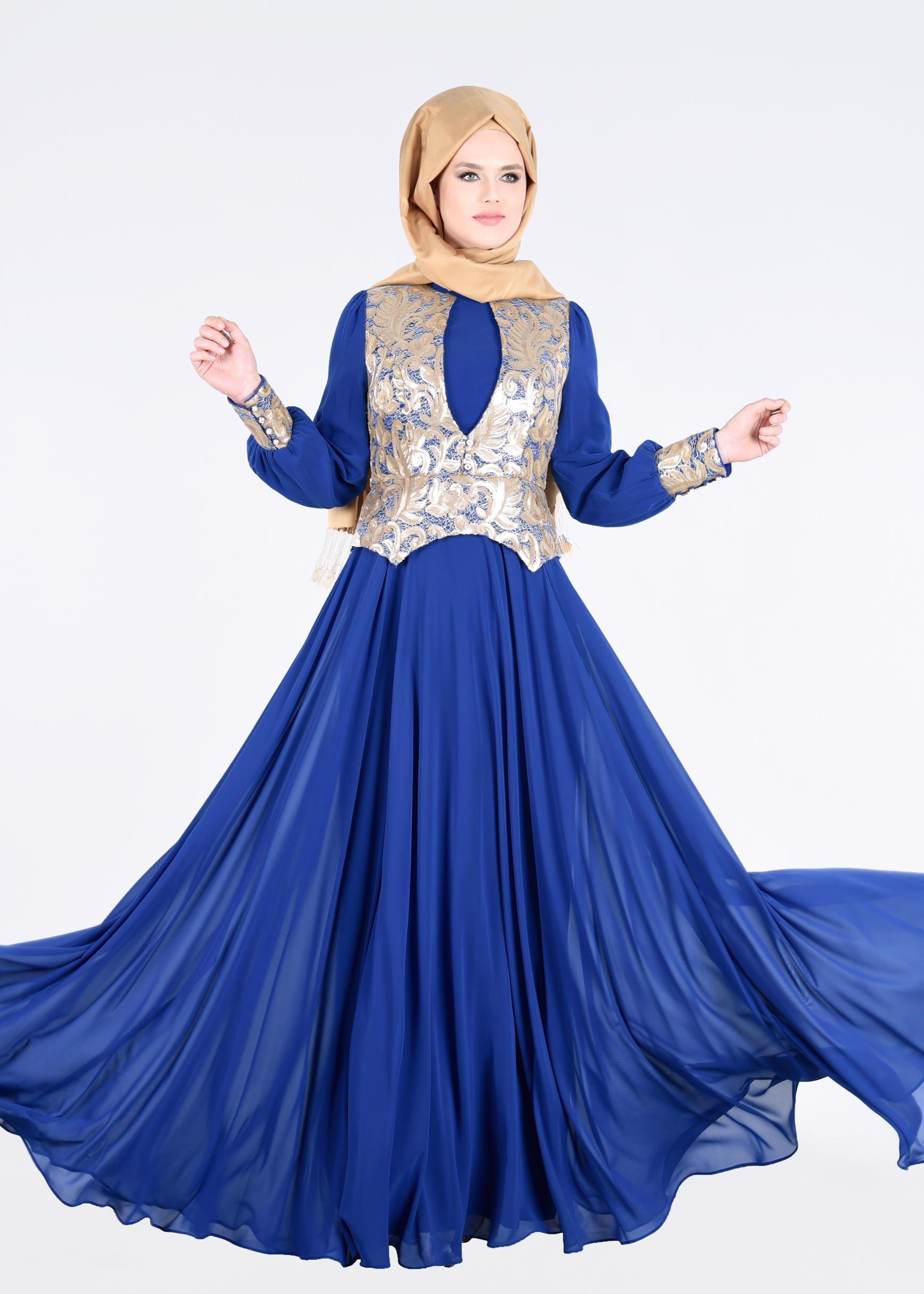 Tesettür giyim LACİVERT DESENLİ ŞİFON ABİYE ELBİSE 5277