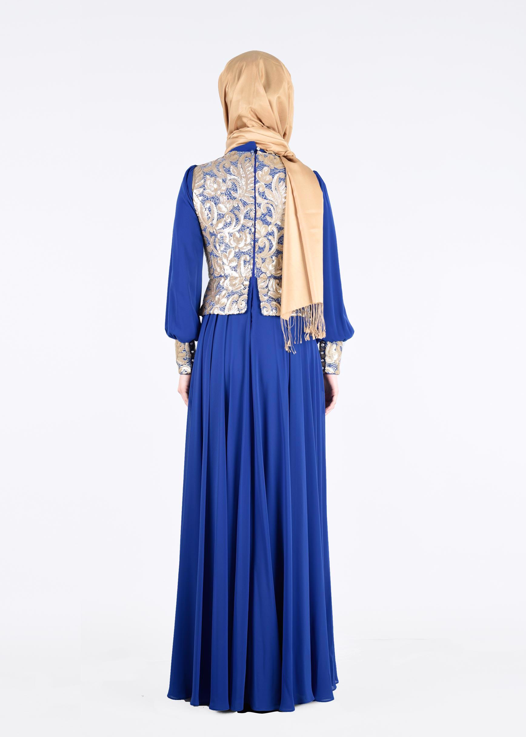 Tesettür giyim LACİVERT DESENLİ ŞİFON ABİYE ELBİSE 5277