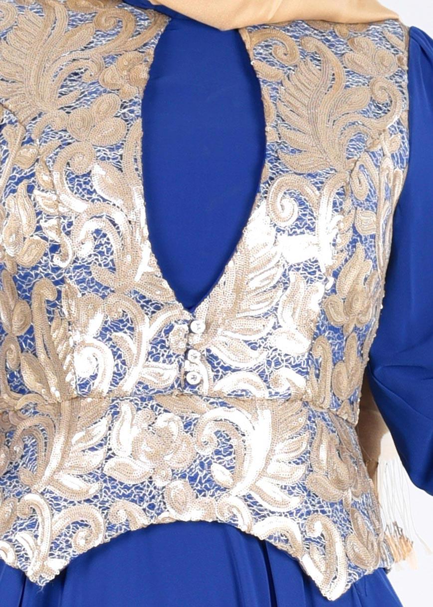 Tesettür giyim LACİVERT DESENLİ ŞİFON ABİYE ELBİSE 5277