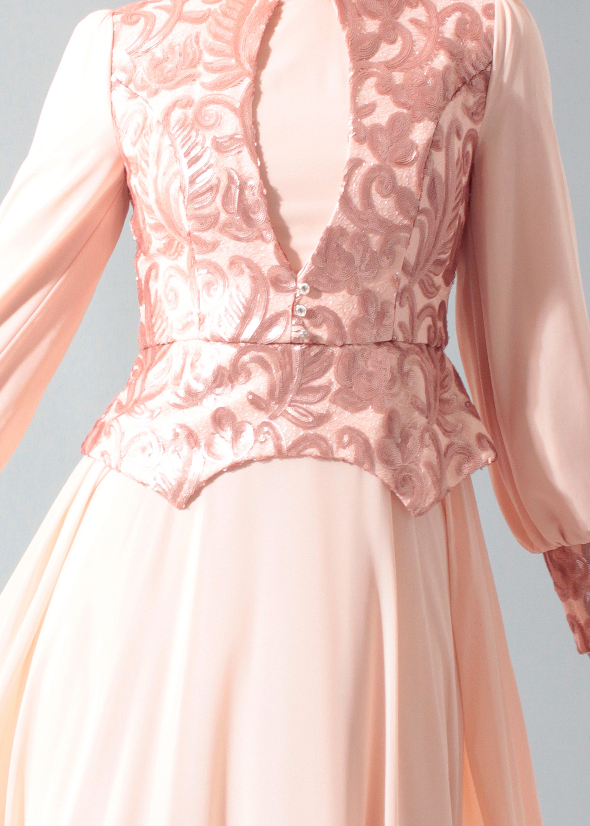 Tesettür giyim PUDRA DESENLİ ŞİFON ABİYE ELBİSE 5277