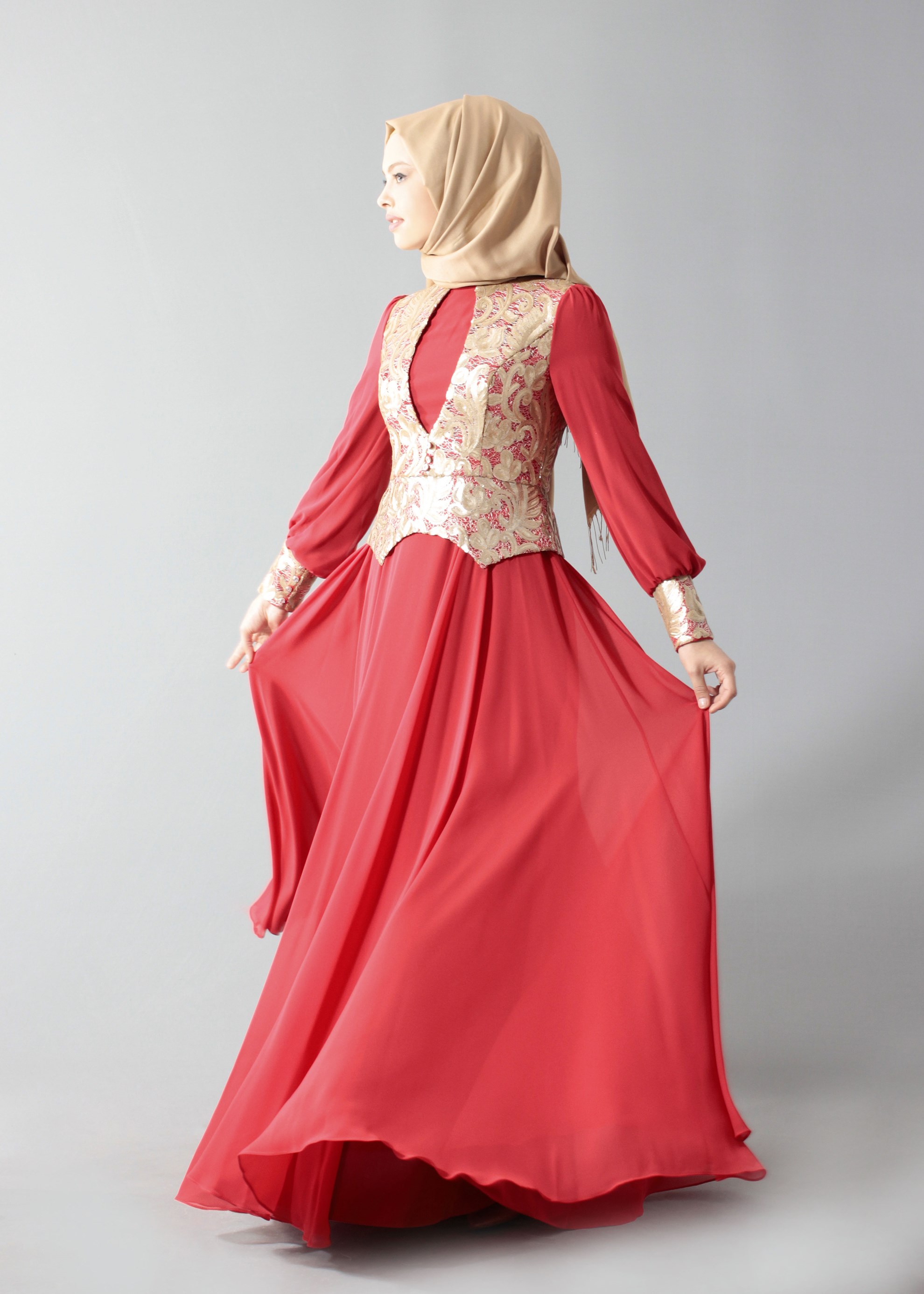 Tesettür giyim BORDO DESENLİ ŞİFON ABİYE ELBİSE 5277