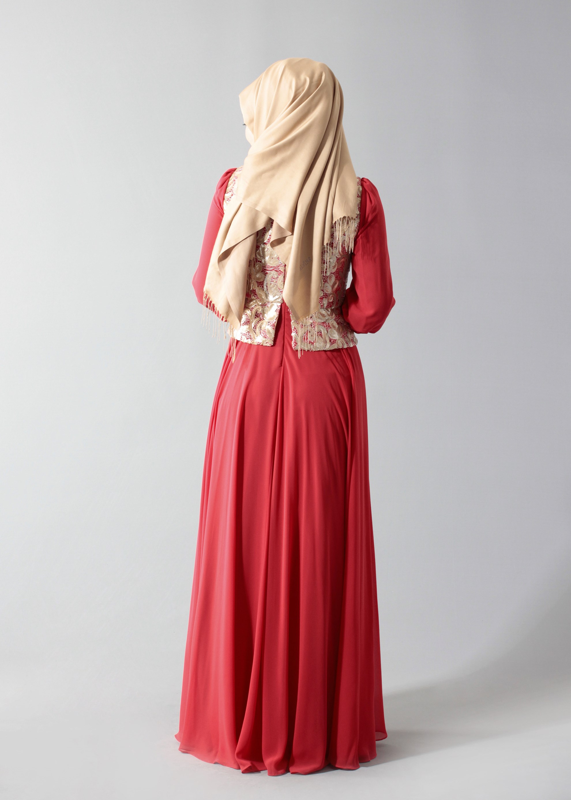 Tesettür giyim BORDO DESENLİ ŞİFON ABİYE ELBİSE 5277