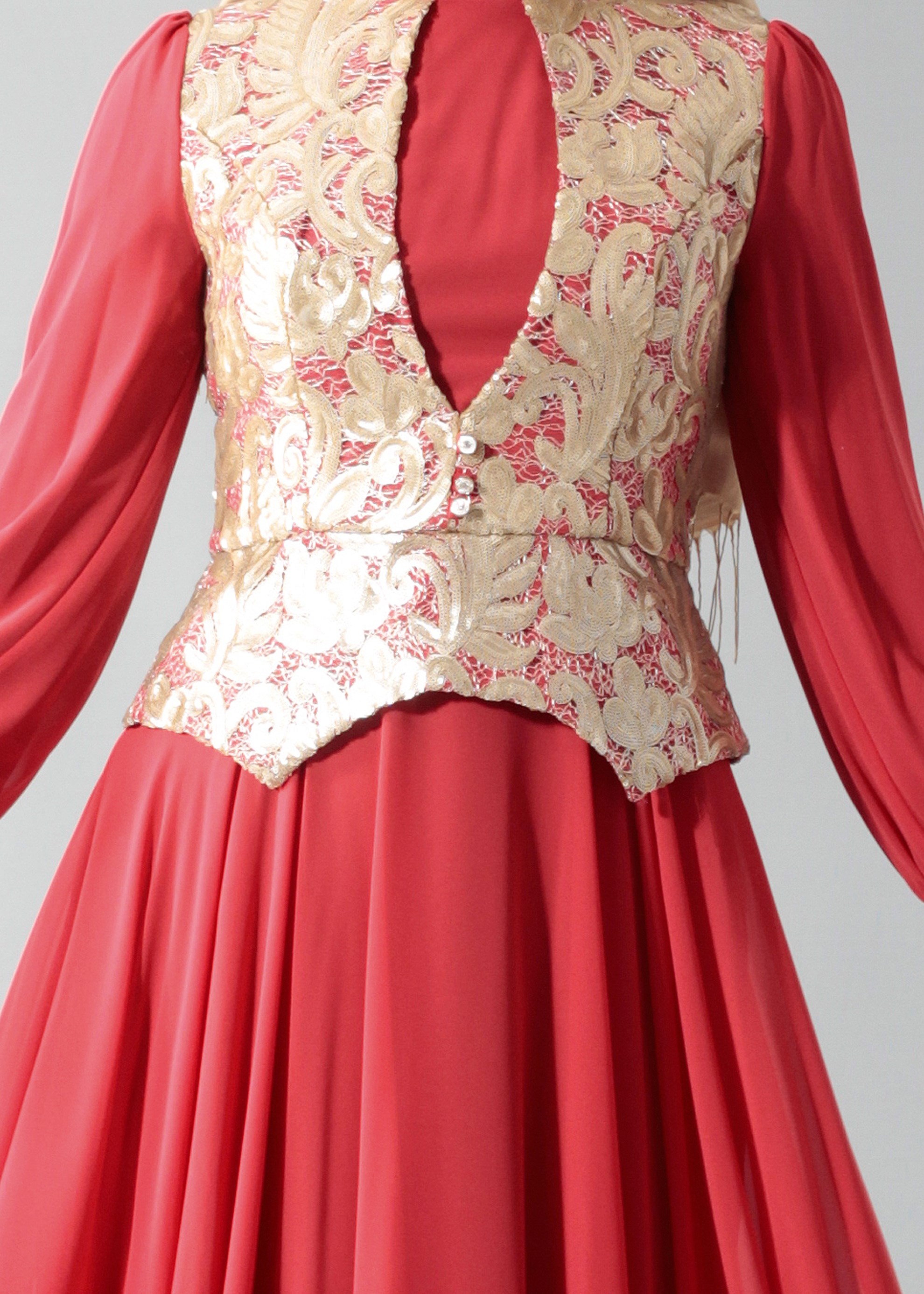 Tesettür giyim BORDO DESENLİ ŞİFON ABİYE ELBİSE 5277