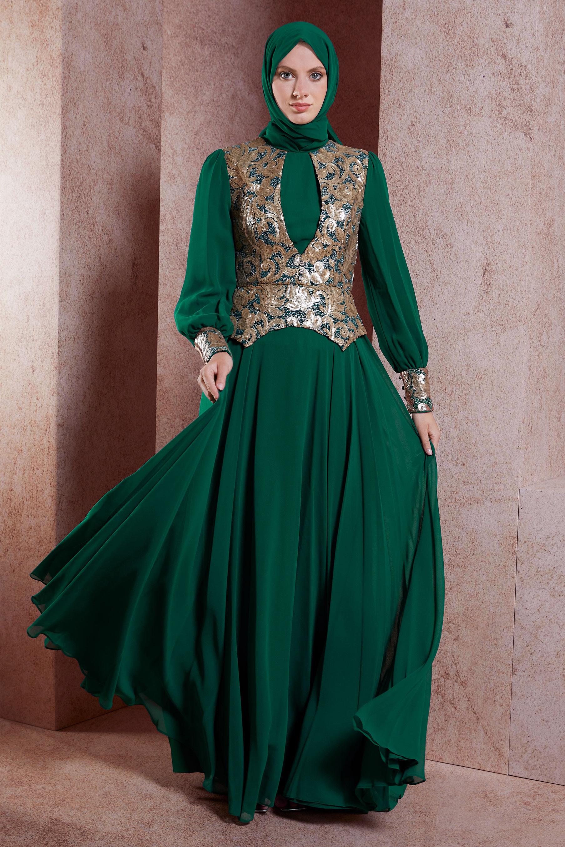 Tesettür giyim YEŞİL DESENLİ ŞİFON ABİYE ELBİSE 5277