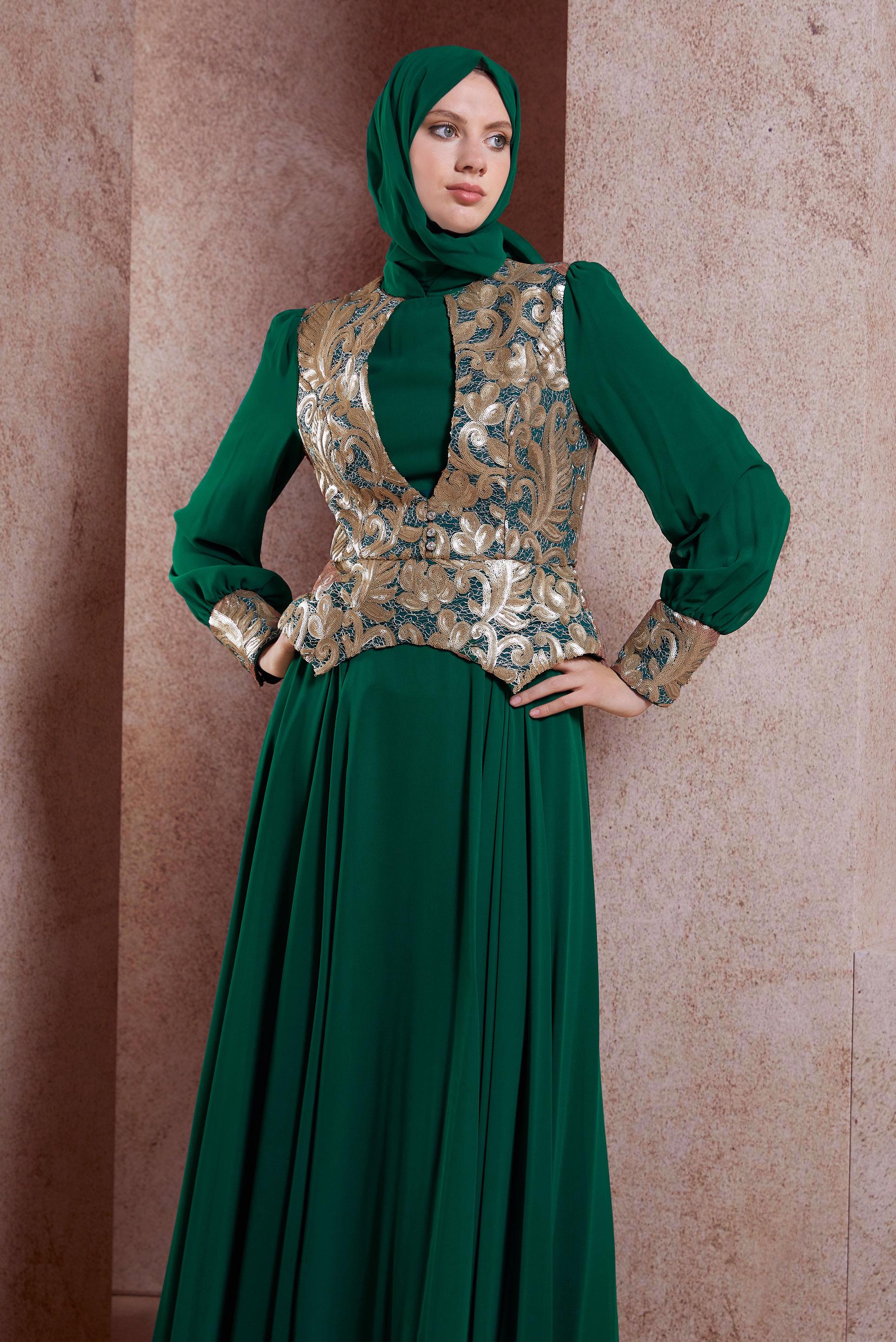 Tesettür giyim YEŞİL DESENLİ ŞİFON ABİYE ELBİSE 5277