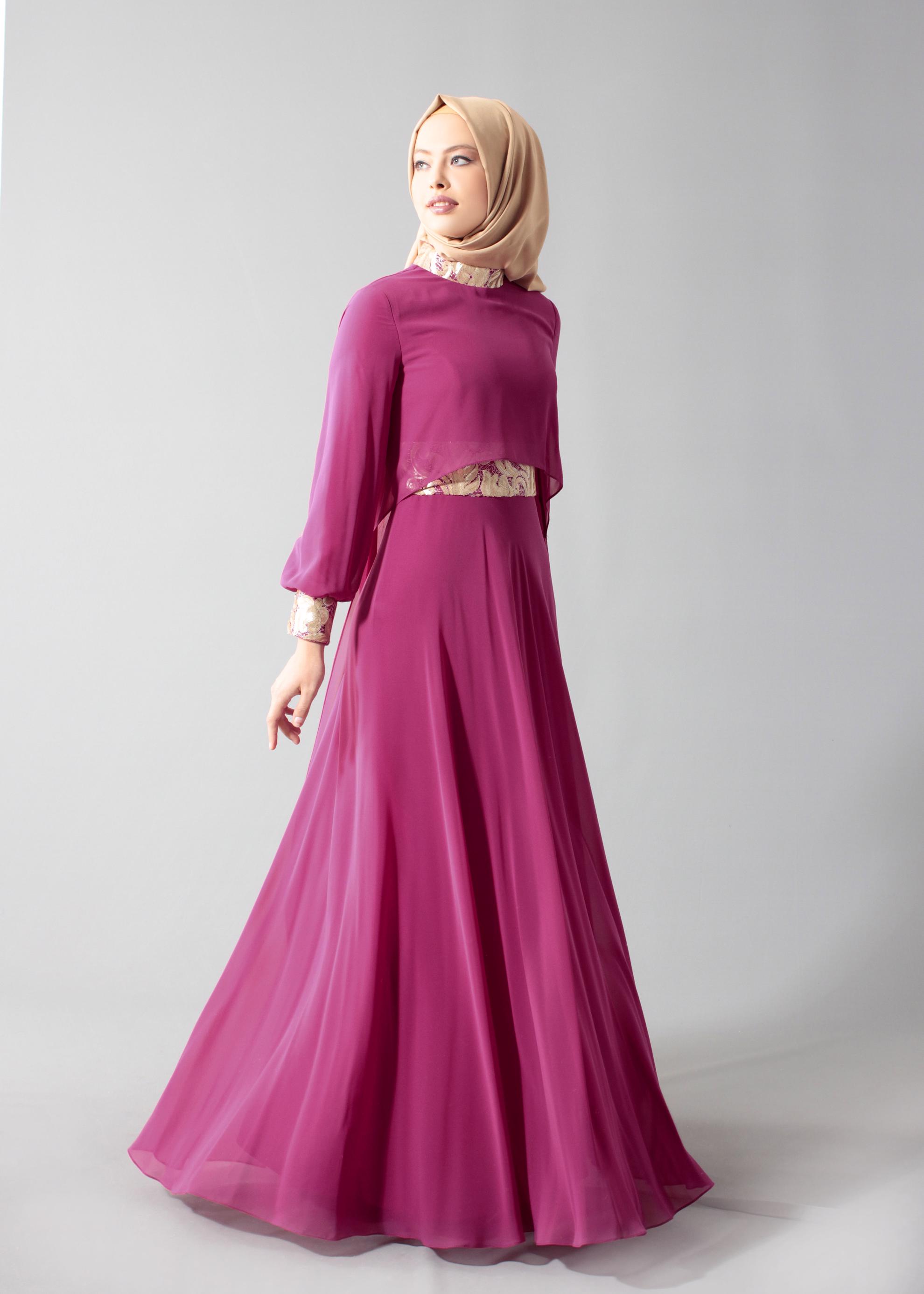 Tesettür giyim FUŞYA İŞLEME DETAYLI ŞİFON ABİYE ELBİSE 5278